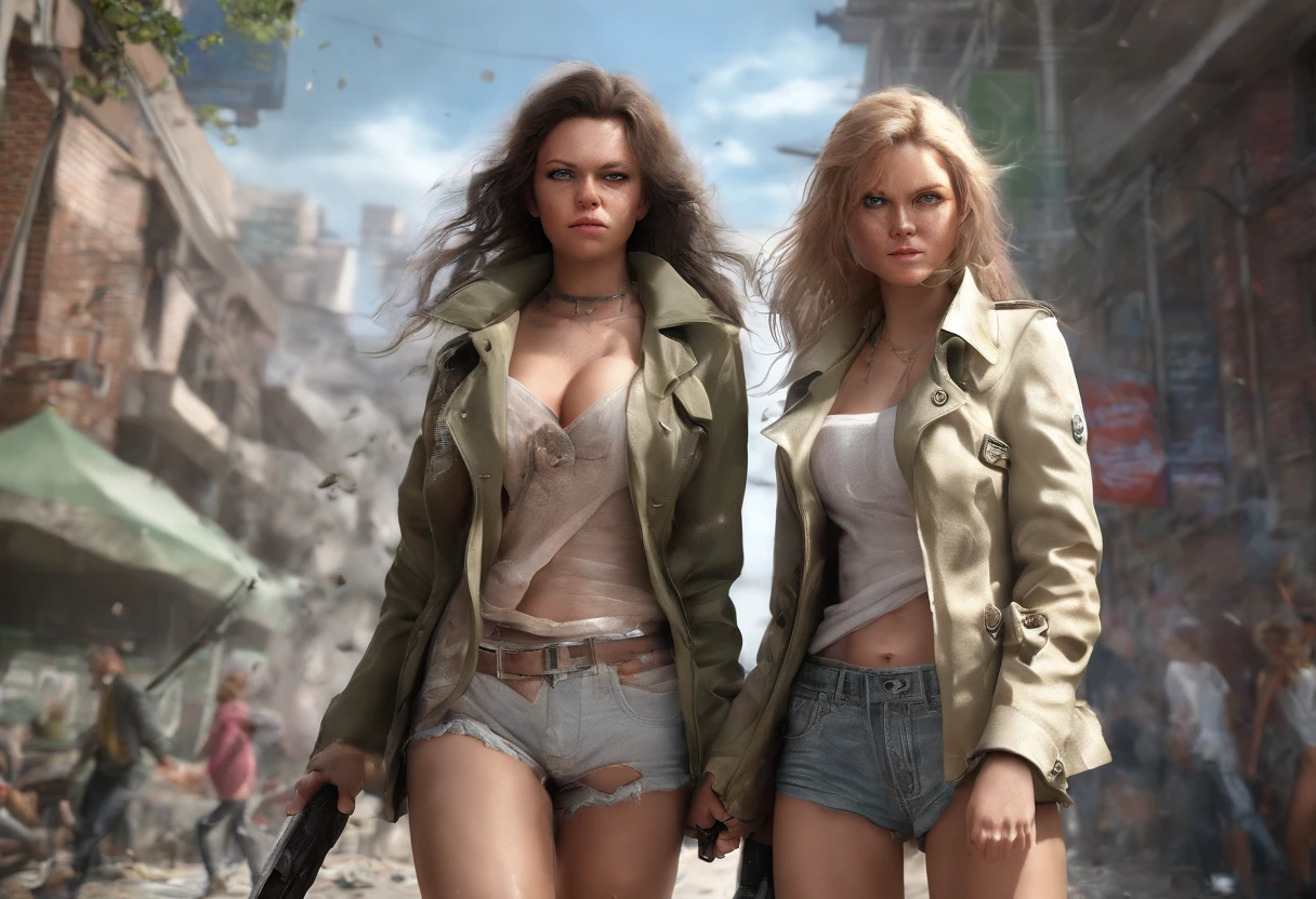 2girls,(fight against another:1.5),trench coat,bikini