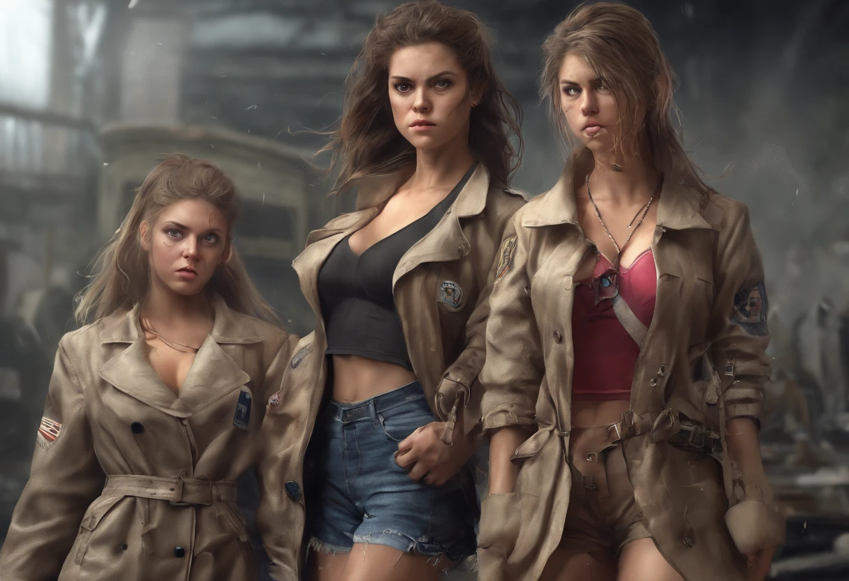 2girls,(fight against another:1.5),trench coat,bikini