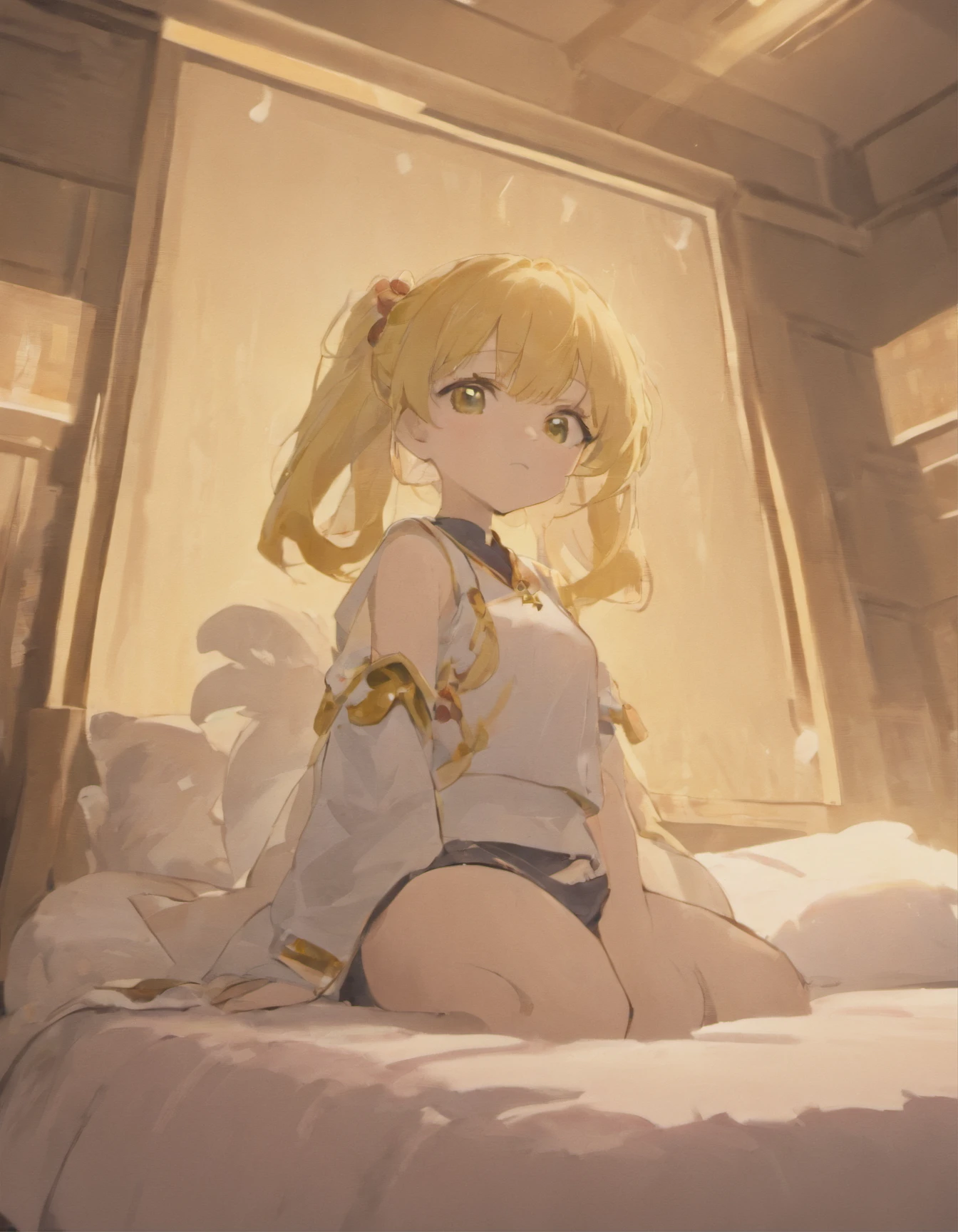 ((Masterpiece)), (flat chest), flat shading, (flat colors:1.3), 1girl, petite, cute teenage girl, slim, messy blonde hair, white crop top, (tribal loincloth), (white panties), (barefoot), smile, blush, sitting on soft bed, awake, bedroom, bright sunlight, warm, best shadows, watercolor,