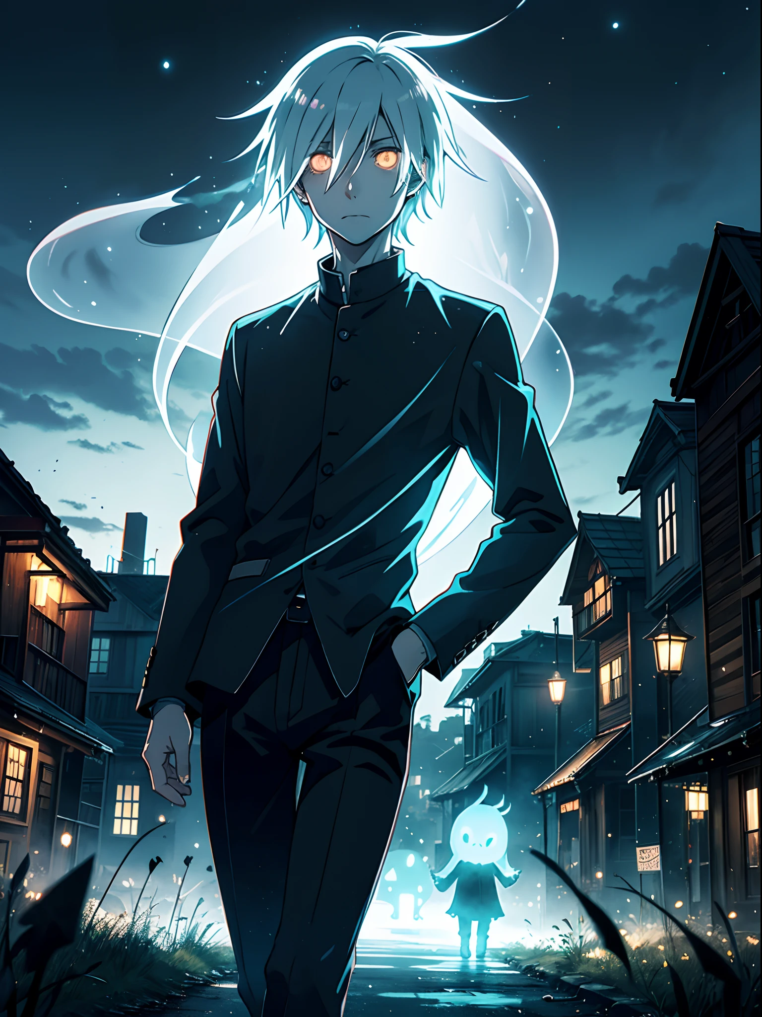 Gloomy style, Ghost Town, Fireflies fly, anime guy, Transparent, ghosts, Gloomy Entities