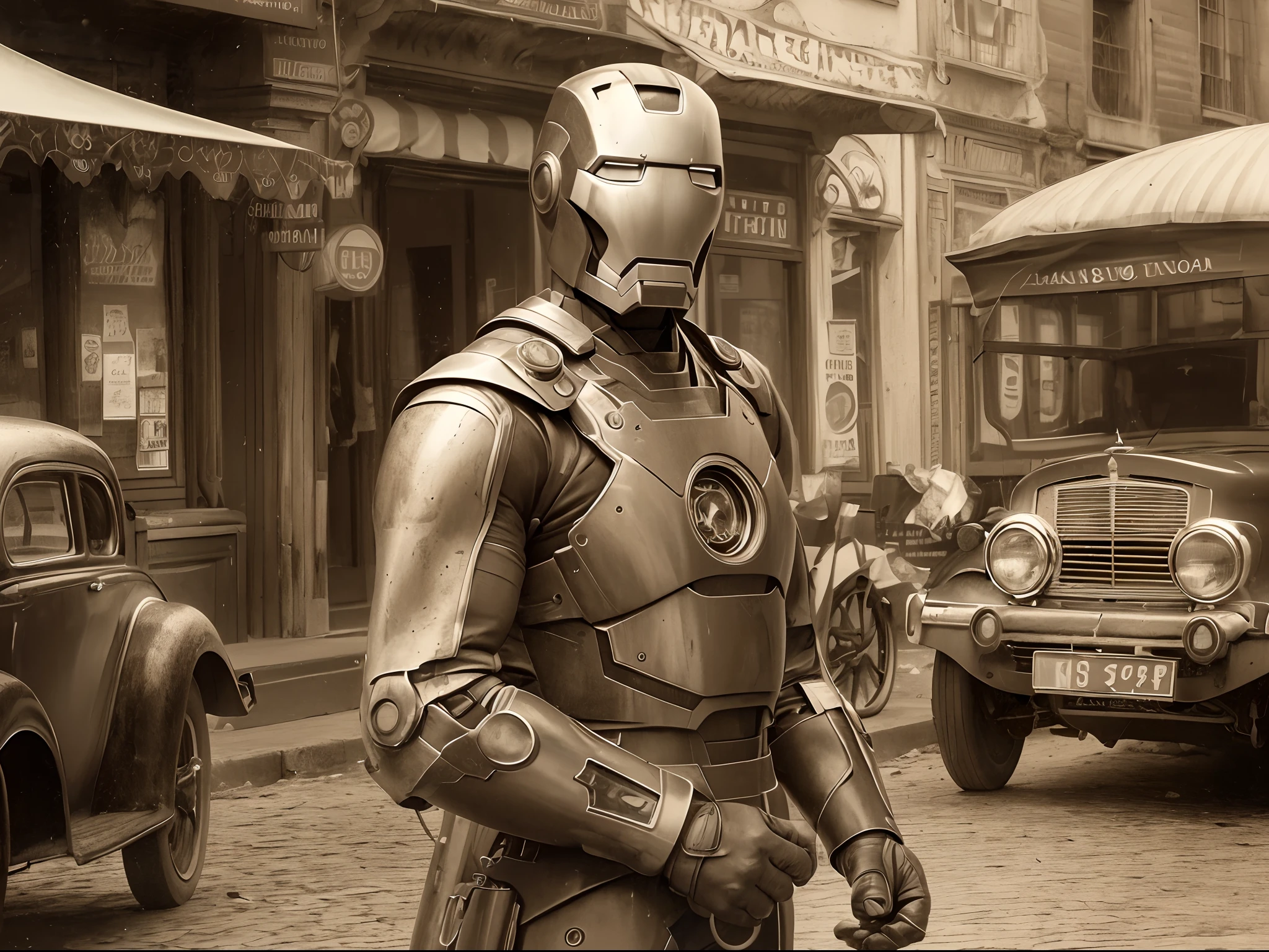 (best quality,4k,8k,highres,masterpiece:1.2), (classical), (Historical photo), (Sepia tone), (noise), ultra-detailed, realistic:1.37, full body shot, Iron Man In the middle of town in 1924, old-fashioned, ancient atmosphere, vintage color tone, soft lighting, grainy texture, black and white, sepia effect, antique film style