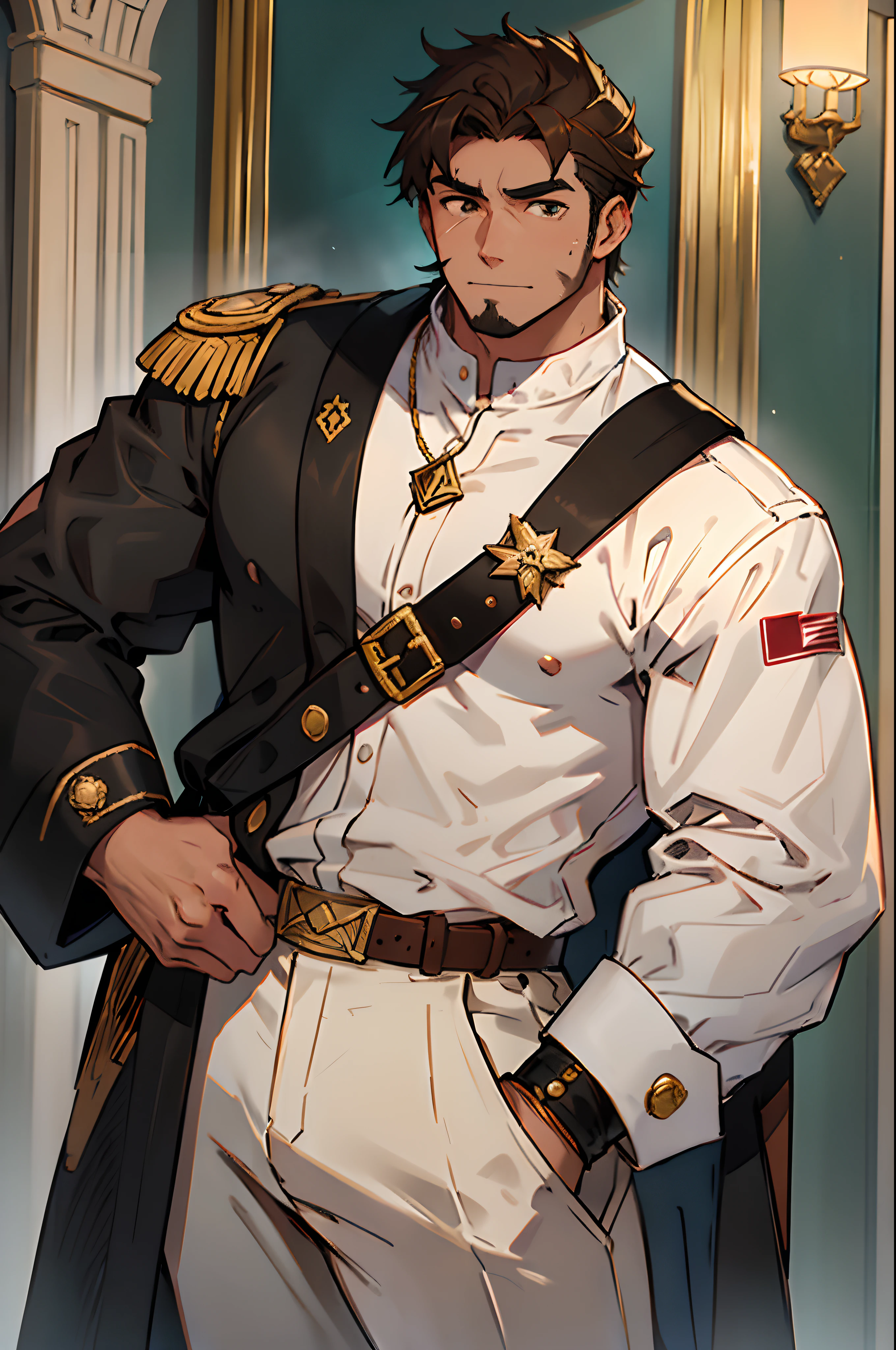 ((Obra maestra, La mejor calidad)) Tall, thin guy with peach skin, dark brown hair down to shoulders combed back, bigote y perilla a juego, mejillas sonrosadas, dark brown arched and interrogative eyebrows and button eyes that do not match, with the left a dark gray button bordered with ingenuity. oro y una letra "B" dorada, y la derecha verde azulado y cosida en cruz con hilo dorado. His left hand and forearm are replaced by a leather prosthesis with brass fingers. Una fina cicatriz sangrienta le recorre el lado izquierdo de la cara. He wears a worn crimson military coat with a single epaulette on his right shoulder over a white shirt with a low neckline and ruffled turtleneck., un fino collar de cuero con un colgante redondo de plata, una faja dorada, White pants with gold cuffs. y botas militares de cuero negro. Una faja blanca envuelve su hombro derecho hasta la cintura, y un arete de plata es visible en su oreja izquierda. Cuelga un reloj de bolsillo adornado con una cadena de bronce y un ancla de bronce en la tapa de metal oscuro de su mano izquierda.