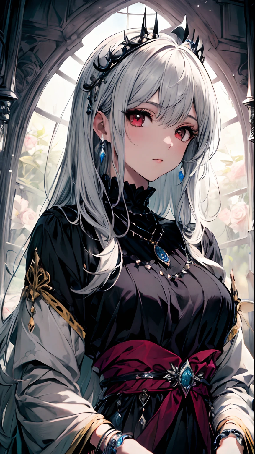 (Best quality, 4K, 8K, A high resolution, Masterpiece:1.2), Ultra-detailed, Noble maiden, Exquisite facial features，White curly hair long hair details expressed, Graceful posture, Dreamy atmosphere, expressive brush strokes, mystical ambiance, Artistic interpretation,Delicately coiled hair，Floral jewelry with exquisite details, Crystal diamond jewelry，Small fresh aesthetics，Stunning intricate costumes, Fantasy illustration, Subtle colors and tones, The details have been upgraded