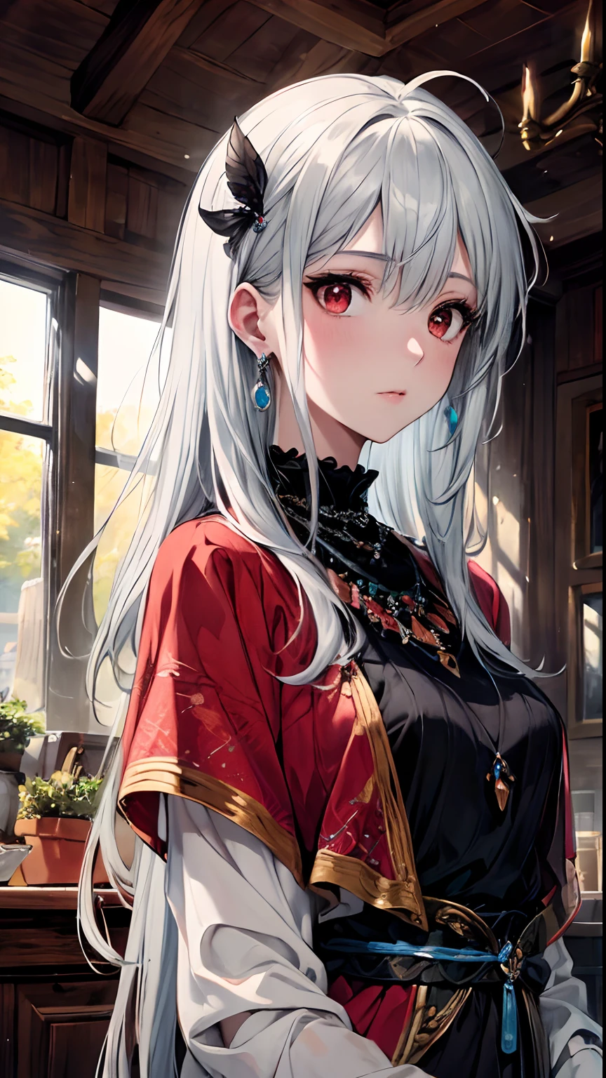 (Best quality, 4K, 8K, A high resolution, Masterpiece:1.2), Ultra-detailed, Noble maiden, Exquisite facial features，White curly hair long hair details expressed, Graceful posture, Dreamy atmosphere, expressive brush strokes, mystical ambiance, Artistic interpretation,Delicately coiled hair，Floral jewelry with exquisite details, Crystal diamond jewelry，Small fresh aesthetics，Stunning intricate costumes, Fantasy illustration, Subtle colors and tones, The details have been upgraded