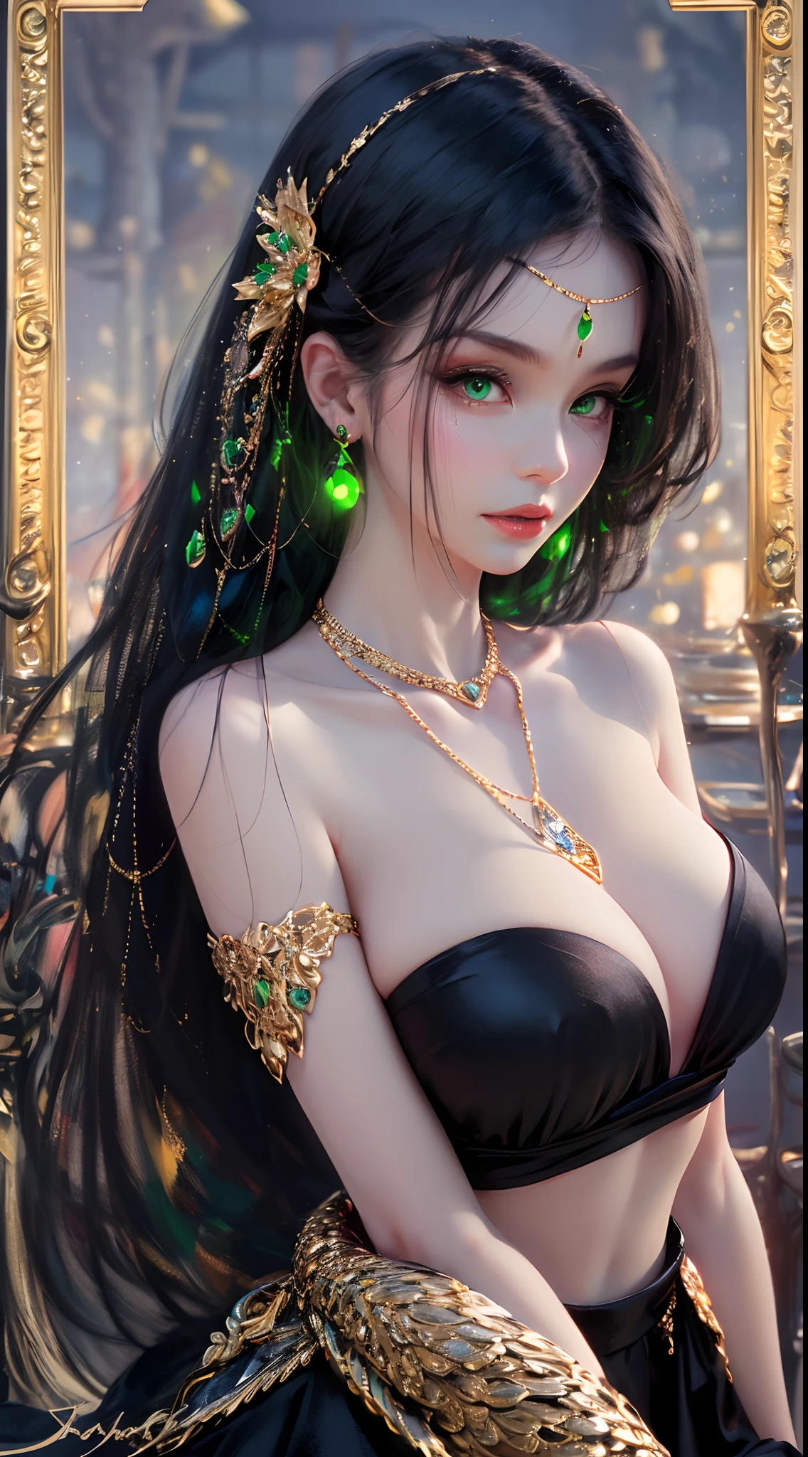 1 beautiful young princess, ((beautiful princess no longer a :1.8)), ((wearing a black armored dress with gold trim in ancient hanfu style:1.6)), (((Exquisite patterns on the skirt:1.6))), ((braided hair with long black bangs: 1.6)), ((long bangs:1.6)), ((hair jewelry:1.9)), ((upper body gold jewelry:1.9)), ((Very delicate gold necklaces:1.7)), ((earrings with emeralds:0.8)), noble, noble style of an extremely beautiful girl, super cute little face, very pretty face, fur thin eyebrows, flawless beautiful face, ((black eye pupils: 0.8)), very beautiful eyes, ((green eyes eyes: 1.6)), beautiful makeup and detailed hairdo, eyelashes, eye makeup wet, high nose, earrings, red lips, ((closed mouth: 1;5 )) beautiful lips, slim hands, ((arms spread out to the sides: 1.7)), rosy face, clean face, flawless beautiful face, smooth white skin, firm breasts, nice cleavage, ((super big and round breasts: 1.6)), beautiful breasts, perfect body, ((Sit back and puff out your chest, arms behind you:1.6)), 8k photos, super high quality, super realistic, super 10x pixels, optical, bright studio, bright edges, two-tone lighting, (high detail skin:1.2), super 8k, soft lighting , high quality, volumetric light, optical, optical high resolution, light, best photo, 4k, 8k quality, blur effect, smooth sharpness, 10 x pixels, ((beach at night background:1.5)), aurora, lightning, super realistic graphics, most realistic graphics, alone, solo, Extremely sharp, surreal images, (((frontal portrait: 1.3)))."
