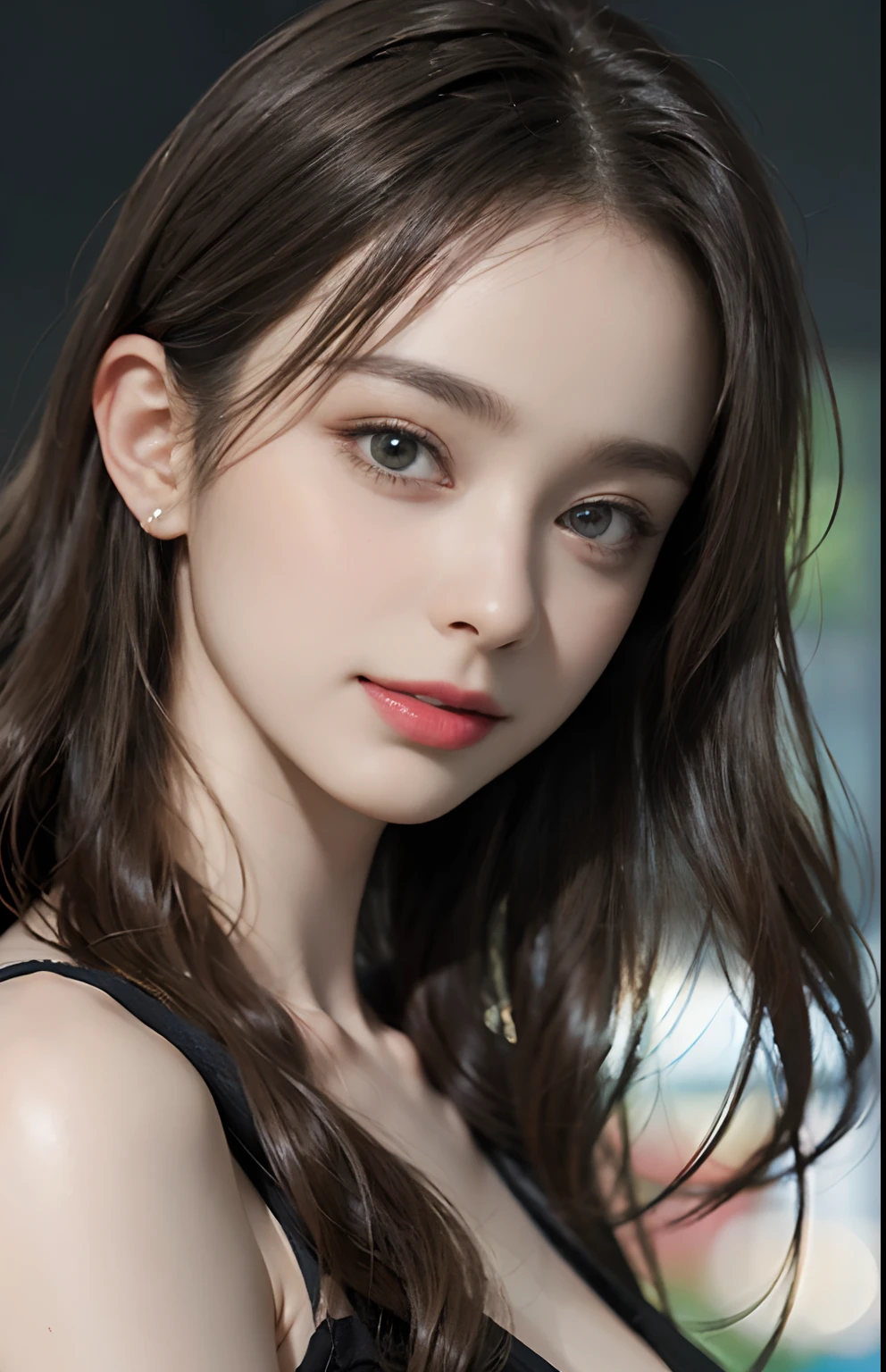 (Ultra Realistic), (Illustration), (Increased Resolution), (8K), (Extremely Detailed), (Best Illustration), (Beautiful and Detailed Eyes), (Best Quality), (Ultra Detailed), (Masterpiece ), ( wallpaper), (detailed face), solo, 1 girl, looking at viewer, fine details, detailed face, in the dark, deep shadows, low key, pureerosfaceace_v1, smiling, long hair, black shawl straight hair , 46 points oblique bangs