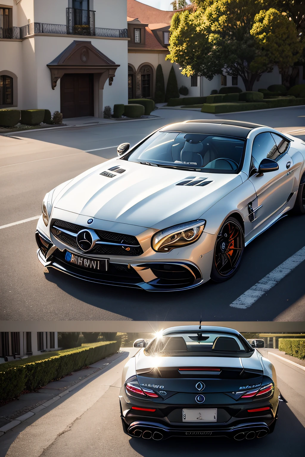 Mercedea AMG SL 63 Car. Fire lit up from exhaust. Realistic. Car. Mansion in the background.
