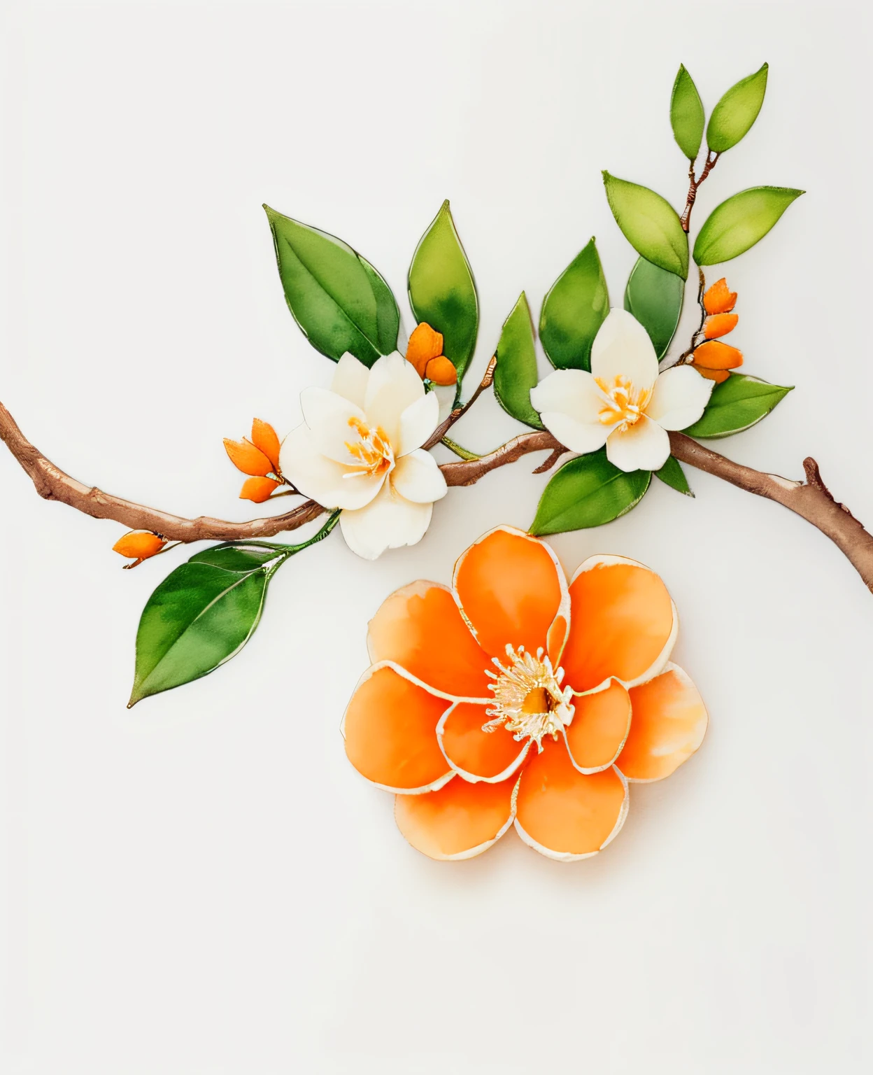 the end of one orange tree branch, branch tip, has two flowers, white flowers, several leaves, botanically correct orange blossom with just a single, small orange fruit, watercolor, delicate, 8k, wedding monogram style, delicate watercolor painting, very detailed, no missing parts, pink background
