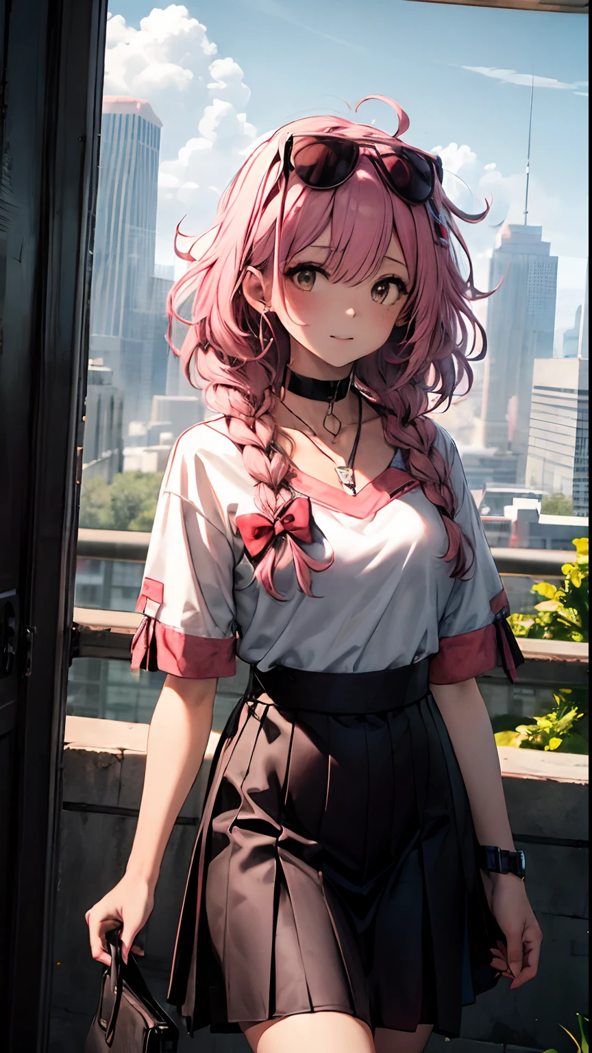 Best quality at best，tmasterpiece，1girll，Pink hair，messy  hair，curly_hair，The shirt，a skirt，Kawai，JK，red_bow，Wrist watch，choker necklace，view over city，8K original photos，超高分辨率，highest details，复杂，8k，HDR