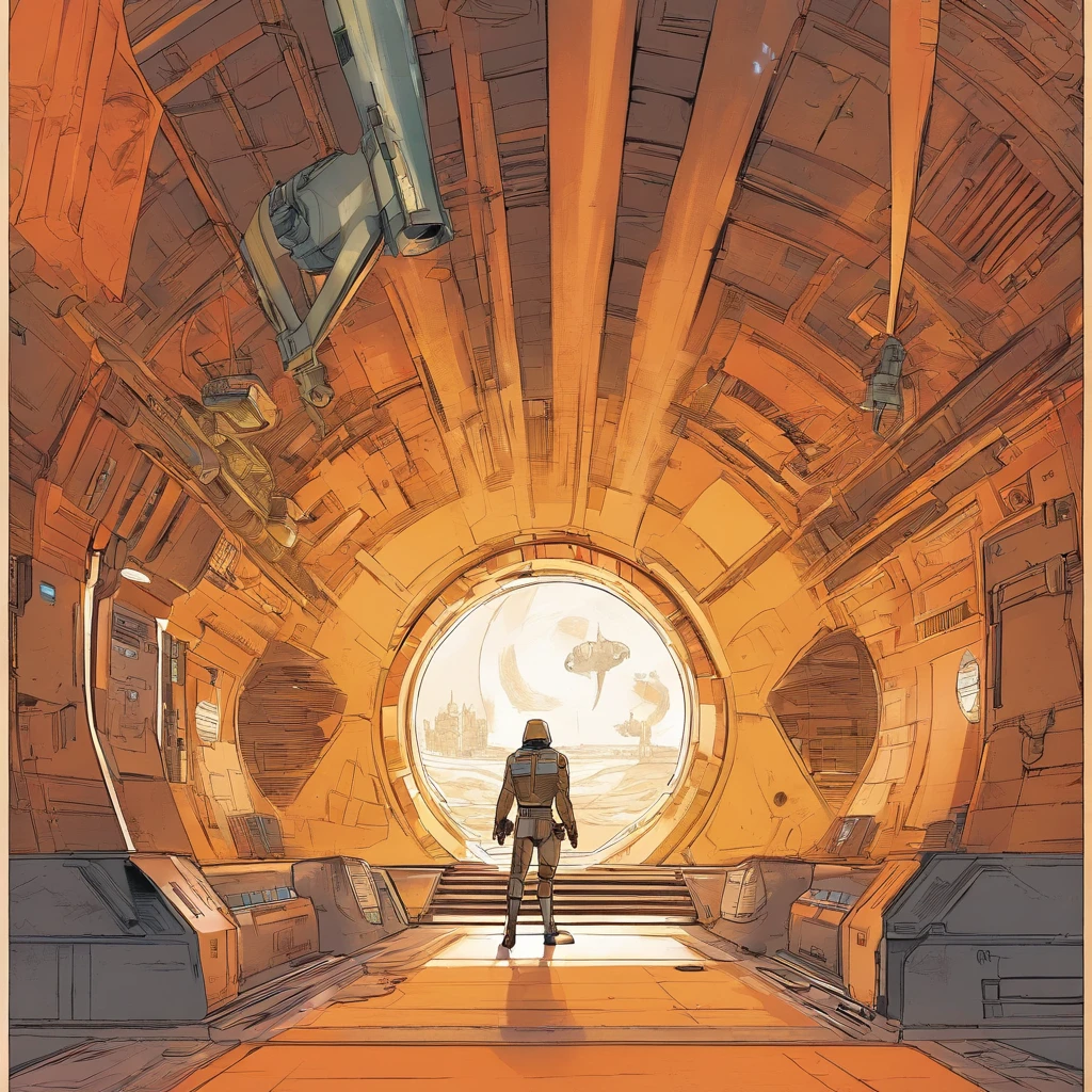 ""Star Wars"", a space ship, One man, Standing in front of the tunnel, concept art by Magalie Villeneuve, trending on cg society, antipodeans, reimagined by industrial light and magic, filmstill ""Star Wars"": The Old Republic", concept art by Ralph McQuarrie