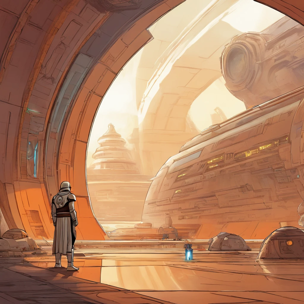 ""Star Wars"", a space ship, One man, Standing in front of the tunnel, concept art by Magalie Villeneuve, trending on cg society, antipodeans, reimagined by industrial light and magic, filmstill ""Star Wars"": The Old Republic", concept art by Ralph McQuarrie