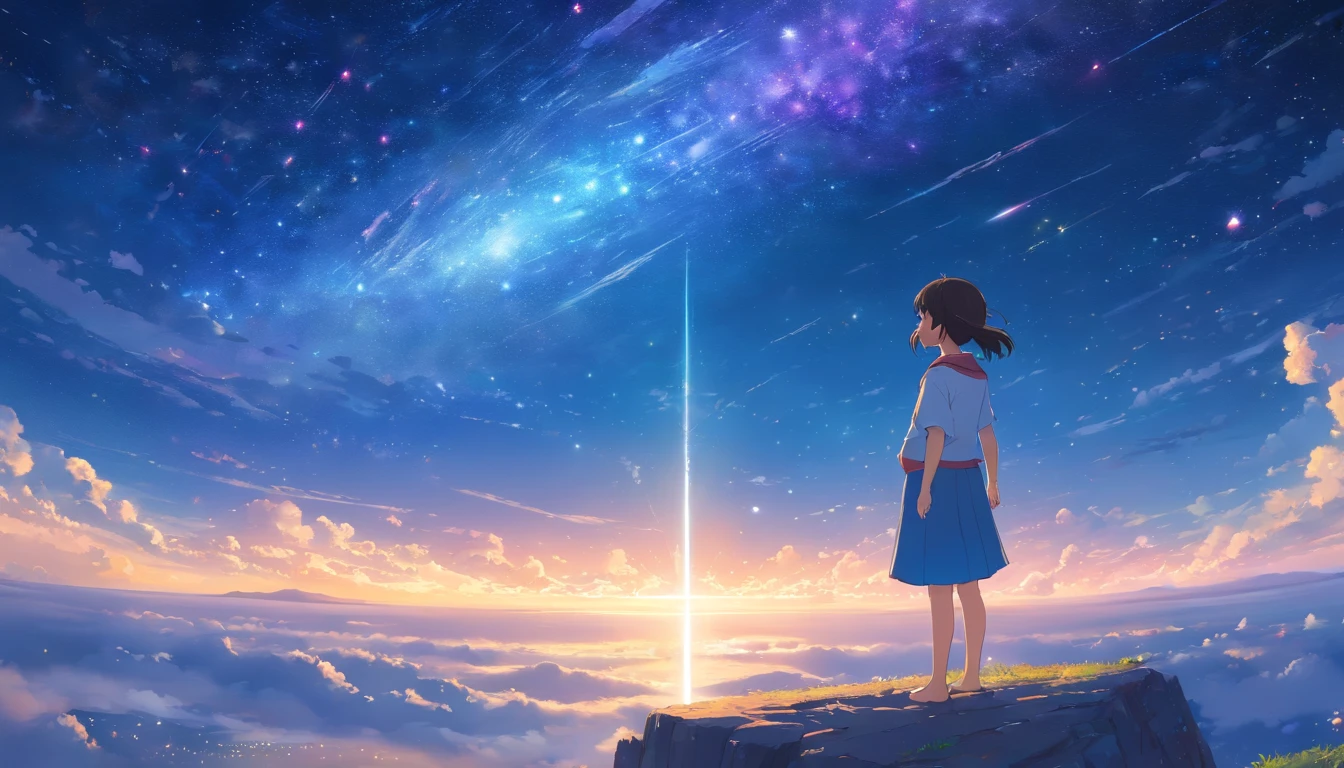 Step into a world of wonder and ethereal beauty, where reality and dreams intertwine. Visualize an awe-inspiring scene - a breathtaking view of a sea of stars, shimmering brilliantly above a blanket of fluffy clouds. In the foreground, a young girl stands on a cloud, her silhouette poised against the celestial panorama. BREAK Describe the girl's stance as she gazes up at the vast expanse of twinkling stars, capturing her sense of awe and reverence. Explore the emotions evoked by the scene - a mix of wonder, curiosity, and a deep connection to the vastness of the universe. Consider the significance of this moment for the girl - is she contemplating her place in the cosmos, seeking solace or inspiration, or perhaps embarking on a celestial journey of her own? BREAK Craft a brief narrative or evoke a sense of atmosphere, using evocative language to emphasize the surreal and otherworldly nature of the scene. Explore the interplay between the tangible and the intangible - the solid cloud beneath her feet contrasting with the infinite expanse of stars above. Consider incorporating sensory details such as the soft touch of the cloud, the sound of distant celestial music, or the faint scent of stardust in the air.