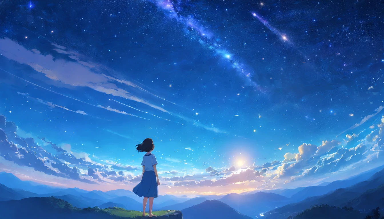 Step into a world of wonder and ethereal beauty, where reality and dreams intertwine. Visualize an awe-inspiring scene - a breathtaking view of a sea of stars, shimmering brilliantly above a blanket of fluffy clouds. In the foreground, a young girl stands on a cloud, her silhouette poised against the celestial panorama. BREAK Describe the girl's stance as she gazes up at the vast expanse of twinkling stars, capturing her sense of awe and reverence. Explore the emotions evoked by the scene - a mix of wonder, curiosity, and a deep connection to the vastness of the universe. Consider the significance of this moment for the girl - is she contemplating her place in the cosmos, seeking solace or inspiration, or perhaps embarking on a celestial journey of her own? BREAK Craft a brief narrative or evoke a sense of atmosphere, using evocative language to emphasize the surreal and otherworldly nature of the scene. Explore the interplay between the tangible and the intangible - the solid cloud beneath her feet contrasting with the infinite expanse of stars above. Consider incorporating sensory details such as the soft touch of the cloud, the sound of distant celestial music, or the faint scent of stardust in the air.