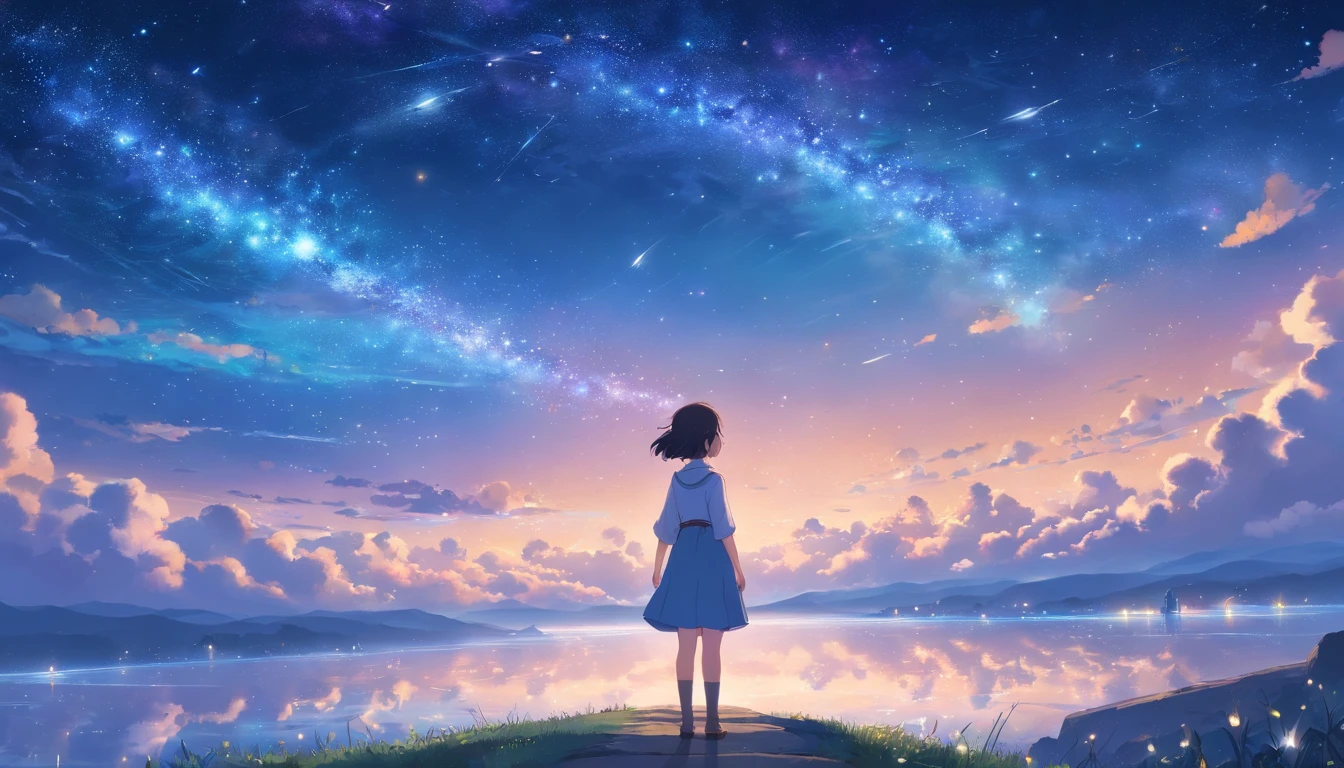 Step into a world of wonder and ethereal beauty, where reality and dreams intertwine. Visualize an awe-inspiring scene - a breathtaking view of a sea of stars, shimmering brilliantly above a blanket of fluffy clouds. In the foreground, a young girl stands on a cloud, her silhouette poised against the celestial panorama. BREAK Describe the girl's stance as she gazes up at the vast expanse of twinkling stars, capturing her sense of awe and reverence. Explore the emotions evoked by the scene - a mix of wonder, curiosity, and a deep connection to the vastness of the universe. Consider the significance of this moment for the girl - is she contemplating her place in the cosmos, seeking solace or inspiration, or perhaps embarking on a celestial journey of her own? BREAK Craft a brief narrative or evoke a sense of atmosphere, using evocative language to emphasize the surreal and otherworldly nature of the scene. Explore the interplay between the tangible and the intangible - the solid cloud beneath her feet contrasting with the infinite expanse of stars above. Consider incorporating sensory details such as the soft touch of the cloud, the sound of distant celestial music, or the faint scent of stardust in the air.