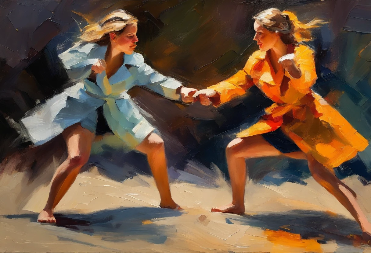 2girls,(fight against another:1.5),trench coat,bikini