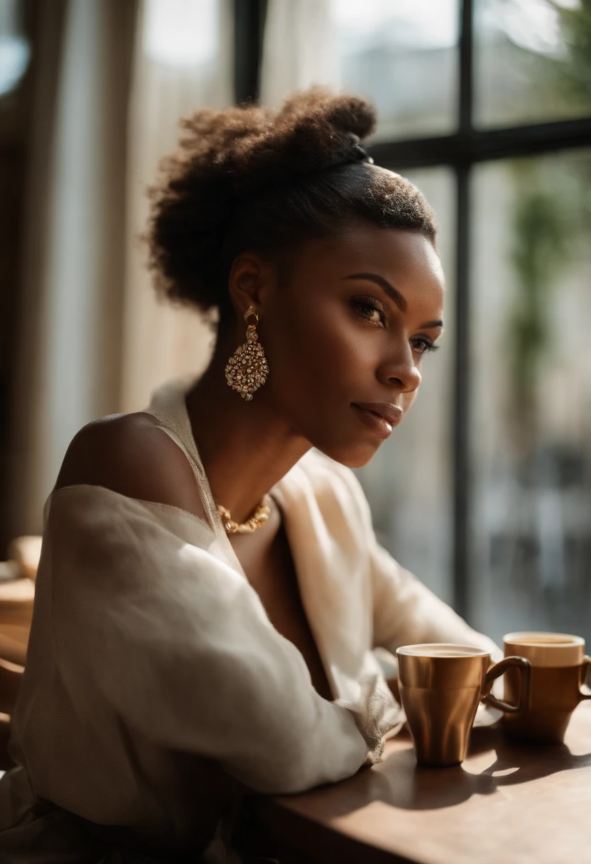 Photo brute, (effet large:1.2), Métis woman:1.3,(simple:1.1),detailled eyes:1.1, DSLR, Lighting douux, Covered details, Instagram, Tik Tok, (cheveux nouirs:1.1), jouaillerie, sitting in an office with a coffee cup , Photo of Belle fille métisse, attractif, africaine, A mixed-race skin, tatouages et piercings, Gros Buste, gros seins, Photo in the seated office The most beautiful work of art in the world, ((That's great)) , ((Tresses africaines)), curly hair, High detail, mise au point nette, dramatique, Real photo of a beautiful 24-year-old Métis woman, Métis woman , huge breasts, charme, realistic skin, realistic face, sauvage, autoritaire, provocateur, extase (beautiful detailed eyes), (Best quality), (super detailed), (Detailed face), (pose dynamique), longues jambes, resserre les abdominaux, Canon EF 85mm f/1.2L II USM, A woman sitting with her coffee in a restaurant,with a white jacket and red lips, Focus on facial expression, Mode de rue, sitting in a Parisian café, photo-realistic, ultra-realistic, ((Realistic natural skin texture)), sourire, femme puissante, Femme de 23 ans, LONGS CHEVEUX NOIRS, Seductive face, sparkle in the eye, executive, Well-dressed woman, robe de bureau, Woman holding a meeting, Best quality, dent, insane ultra hires, natural lighting, pose dynamique, Hyperrealistic, realistic lighting, high contrast, Perspective dramatique, visible chin slit, very curved thin eyebrows ,Regarder le spectateur, Lie huge smile, ((peau claire,Ethnie africaine):1.4), gros seins, 200mm zoom lens f/1.4 (photoreallistic:1.2) (Bokeh) (Best quality) (detailed skin:1.3) (Intricate details) (8k) (Hdr) (Film analogique) (Canon D5) (lighting cinematic) (mise au point nette), perspective dramatique, natural lighting, volumetric shading, pose dynamique, Hyperrealistic lighting, Realstic, portrait, femme attrayante, African-American girl,seins naturels,