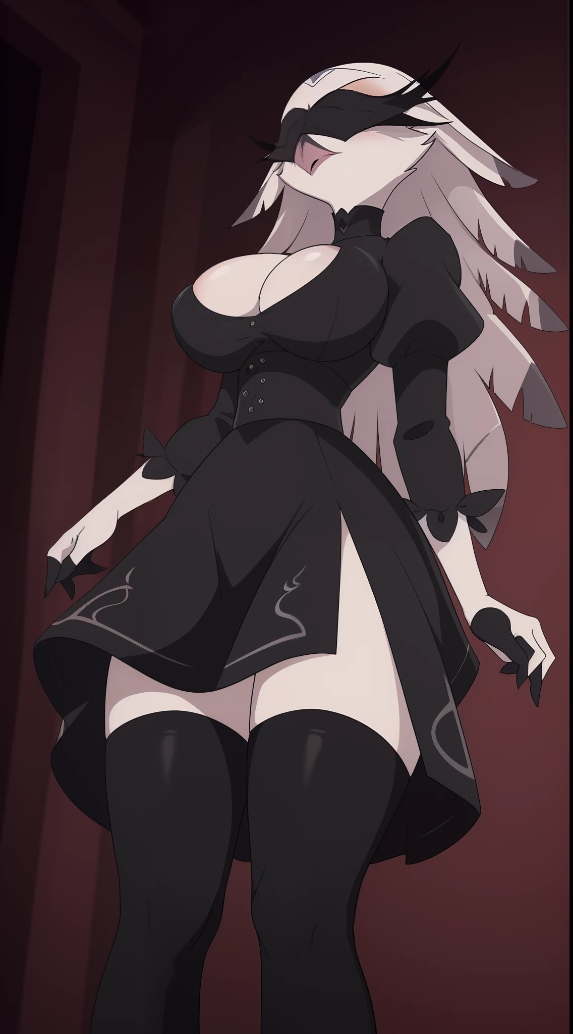 stella goetia, bird, white face, helluva boss, Stella Goetia black blindfold, covered eyes, mole under mouth, clothing cutout, long sleeves, puffy sleeves, juliet sleeves, feather trim, black thighhighs, black gloves, black dress, black skirt ((8k, 4k, high detail, masterpeice)), owl, wide hips, large breast, perfect hands, split in skirt, leg shown