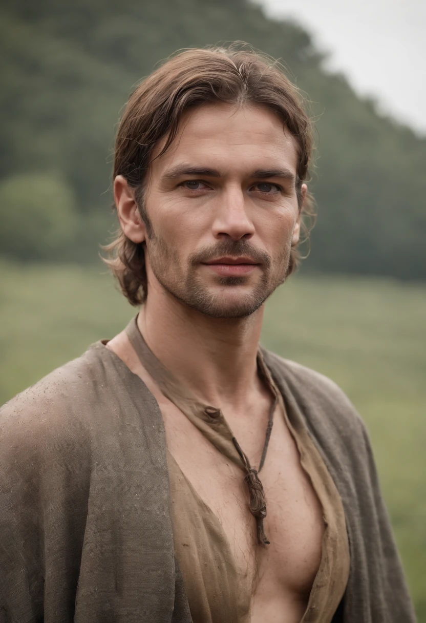 A handsome peasant, muddy, dirty, wet, raunchy outfit, provocative portrait, (homoerotic:1.2), tall and burly, middle age man, kind face, charming, qualidade 8K, absurd textures details and quality