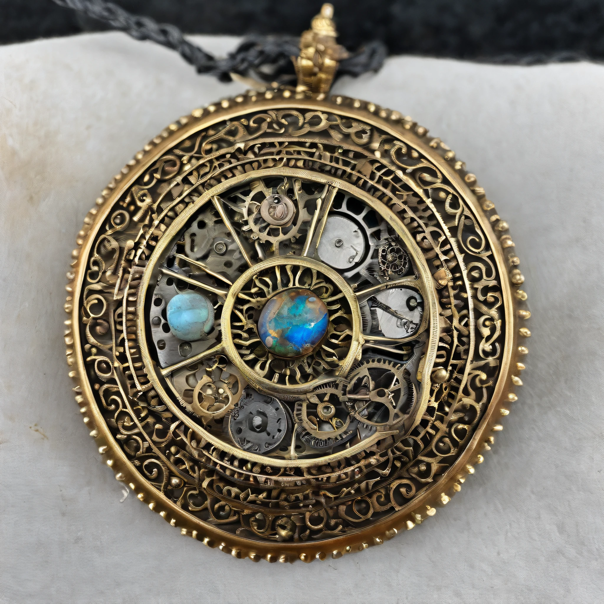[[Black opal pendant set on a rabbit：1.8]] Gold wire woven bunny shape pendant，Rabbit shape， Moon pendant wrapped in wire，There are opal beads， Beautifully structured，High contrast lens, macro photograph, Ukiyo-e, Depth of field, Masterpiece, Super detail, High details, High quality