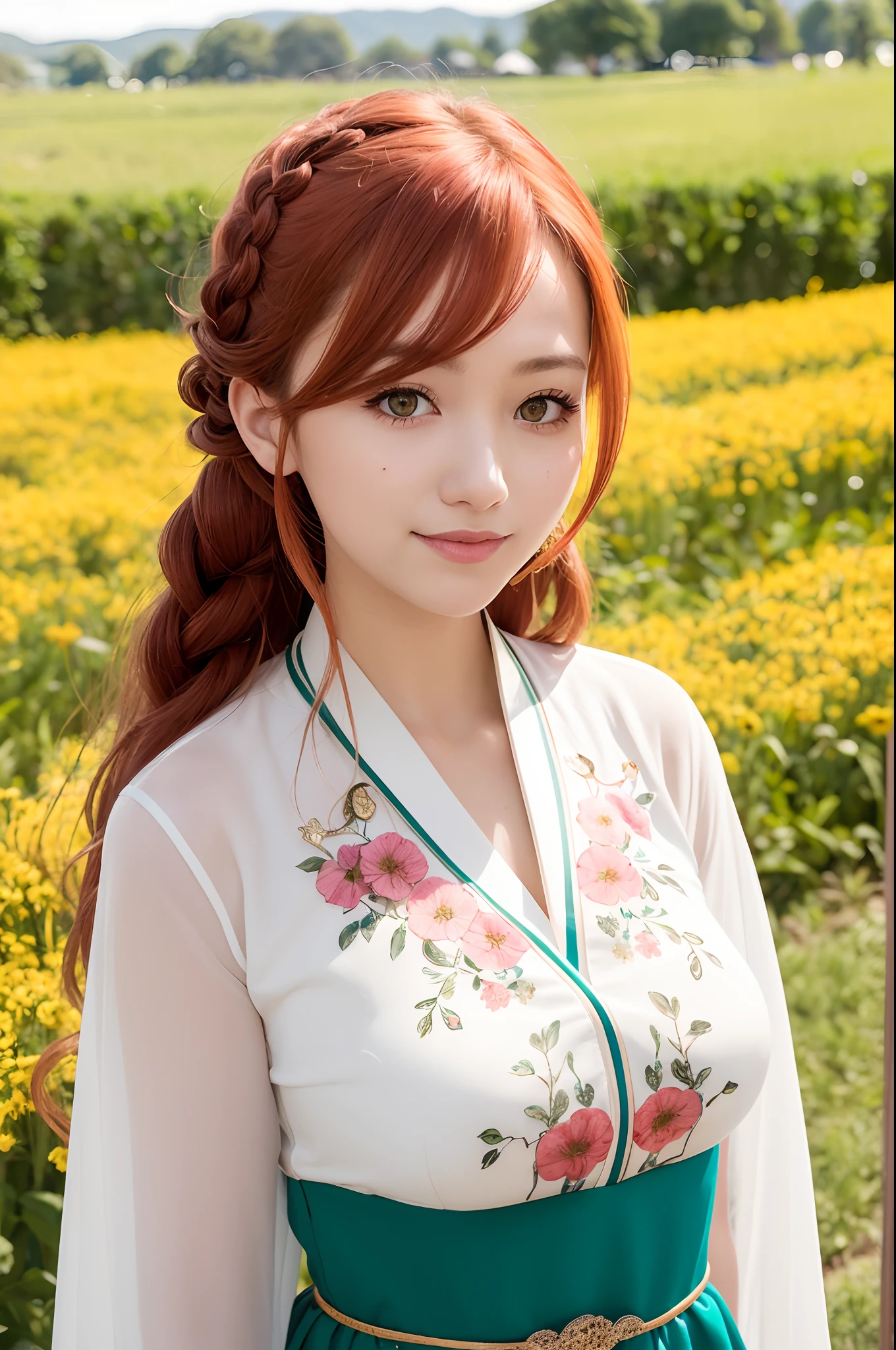(flower field), (pale skin), (cute), //ruby_deep-orange hair, long_braid//, //deep-green eyes//, nose, (shiny lip), smile, closed mouth, (huge breasts:0.8), hanbok, cowboy shoot, potrait,