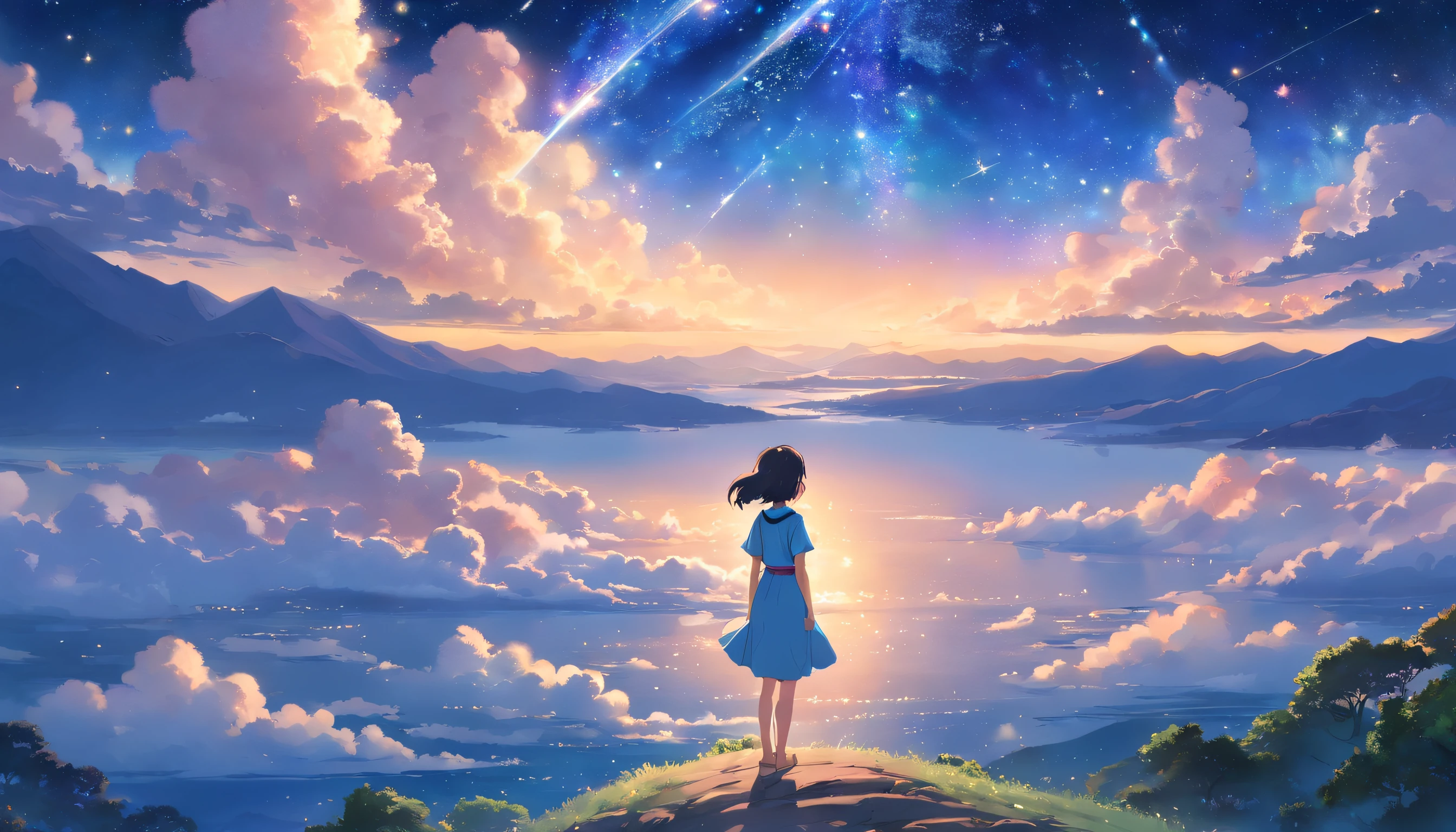 Step into a world of wonder and ethereal beauty, where reality and dreams intertwine. Visualize an awe-inspiring scene - a breathtaking view of a sea of stars, shimmering brilliantly above a blanket of fluffy clouds. In the foreground, a young girl stands on a cloud, her silhouette poised against the celestial panorama. BREAK Describe the girl's stance as she gazes up at the vast expanse of twinkling stars, capturing her sense of awe and reverence. Explore the emotions evoked by the scene - a mix of wonder, curiosity, and a deep connection to the vastness of the universe. Consider the significance of this moment for the girl - is she contemplating her place in the cosmos, seeking solace or inspiration, or perhaps embarking on a celestial journey of her own? BREAK Craft a brief narrative or evoke a sense of atmosphere, using evocative language to emphasize the surreal and otherworldly nature of the scene. Explore the interplay between the tangible and the intangible - the solid cloud beneath her feet contrasting with the infinite expanse of stars above. Consider incorporating sensory details such as the soft touch of the cloud, the sound of distant celestial music, or the faint scent of stardust in the air.