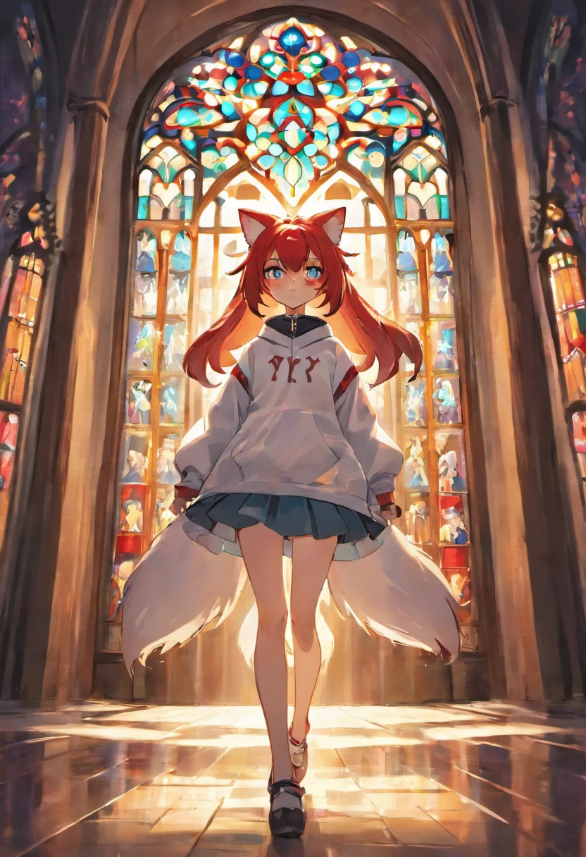 female fox demon, red hair, wearing a white fox mask, wearing a sweatshirt and skirt outfit. Has black fox ears and fox tail. Standing in front of a stained glass window.