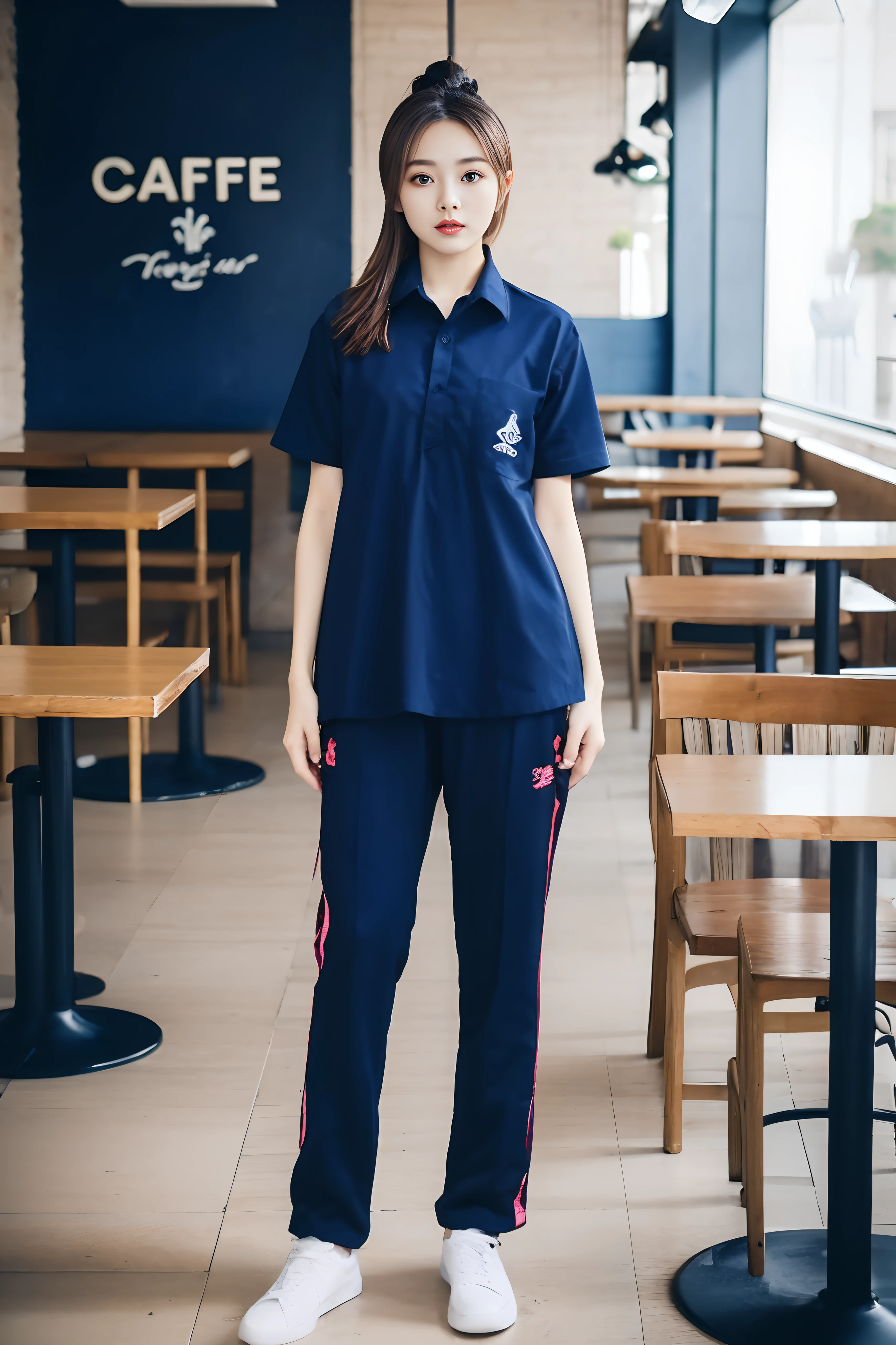 masterpiece, best quality, ultra realistic, hyper-detailed, 8k resolution, RAW photo, sharp focus, (2 girl in coffee shop), ((navy shirt:1.1)), short sleeves, long trackpant,full body pose, perfect body, 2 mature female, 18yo, cinematic light,white shoes