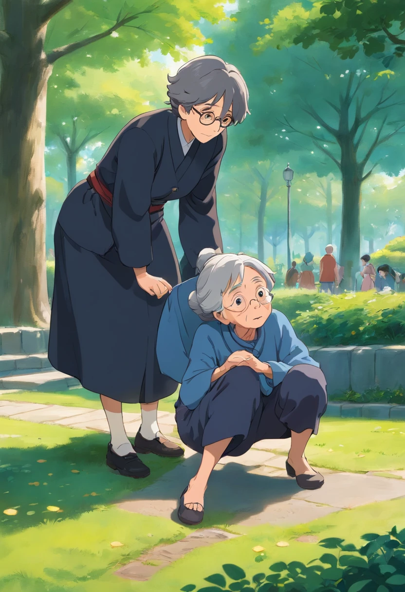 a young man helps an old woman that fell on the ground to stand up , in the park , the young man is wearing black and jeans and have a black bownish hair , the old woman is wearing an black and gray uniform , Dutch Camera Angle , Long Shot