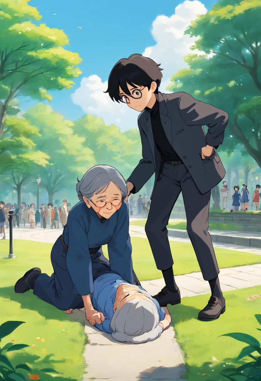 a young man helps an old woman that fell on the ground to stand up , in the park , the young man is wearing black and jeans and have a black bownish hair , the old woman is wearing an black and gray uniform , Dutch Camera Angle , Long Shot