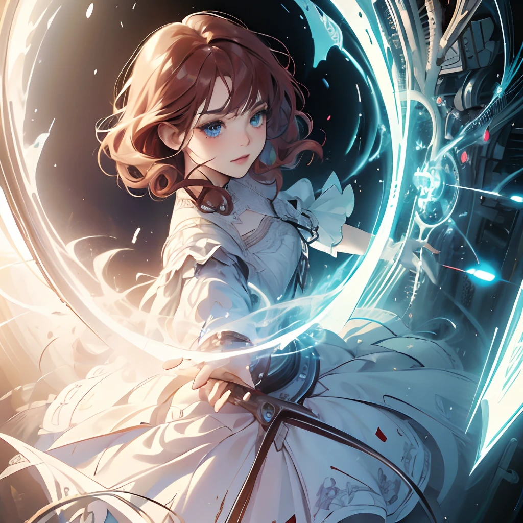 (masterpiece), (ultra detailed), (CG illustration), dynamic angle, cowboy shot, reflection in a mirror,1 girl, highly detailed beautiful face and blue eyes, red short hair, wavy hair, wearing a beautiful detailed white dress, and black shoes, abstract background with various colors, Sabantha, Russ Mills, Jeremy Mann, Yossi Kotler