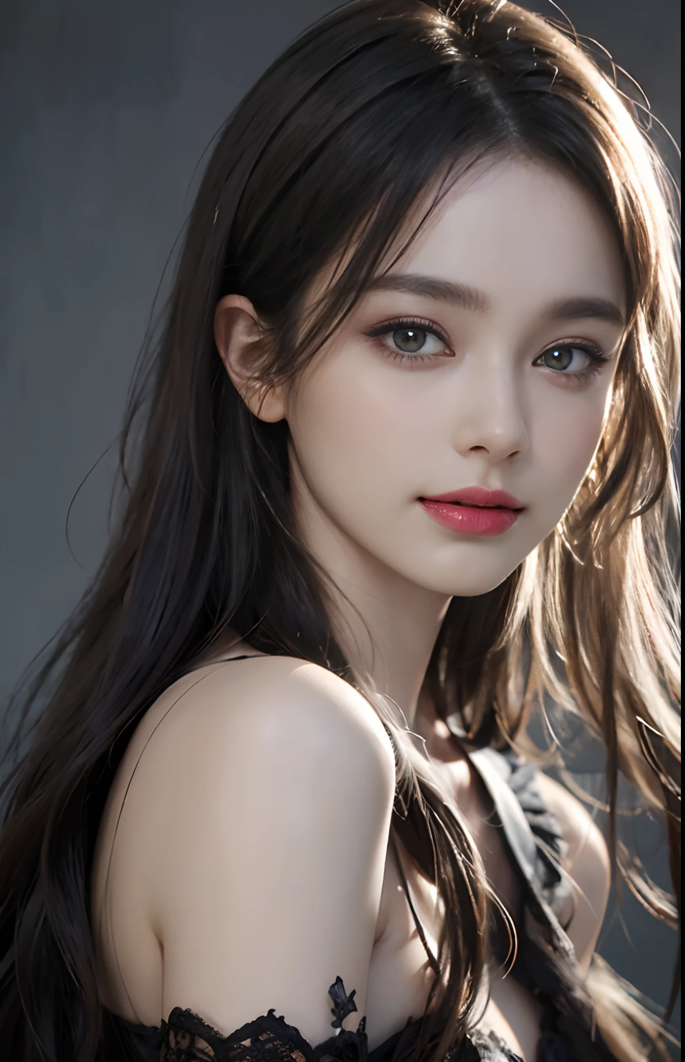 （A half body：1.2），（8k，RAW photogr：1.2），（Ultra photo realsisim，photograph realistic：1.2），（Super Supreme Extreme Quality Beauty：1.2），（Ultra ultra-realistic skin texture：1.2），femme fetal，（1girll，独奏：1.0），（Beautiful quality big eyes：1.1），（dynamicposes：1.1），（Supreme Beauty Girl Mix：1.2），（Kpop idol：1.2），（Angular face：1.2），（Supreme beauty quality big eyes：1.2）， （Teenage uncensored：1.2），（Erotic necklaces：1.2），（Large breasts+slimification：1.1），depth of fields，（cinmatic lighting，cinematic shadow，Realistic lighting，realistic shaded：1.2），Smart Sharp，hard focus，A high resolution，hyper HD，Complete the eyes，Finished face，upscales，Pubic area is clear，Presence，（Volume sense：1.2），A half body