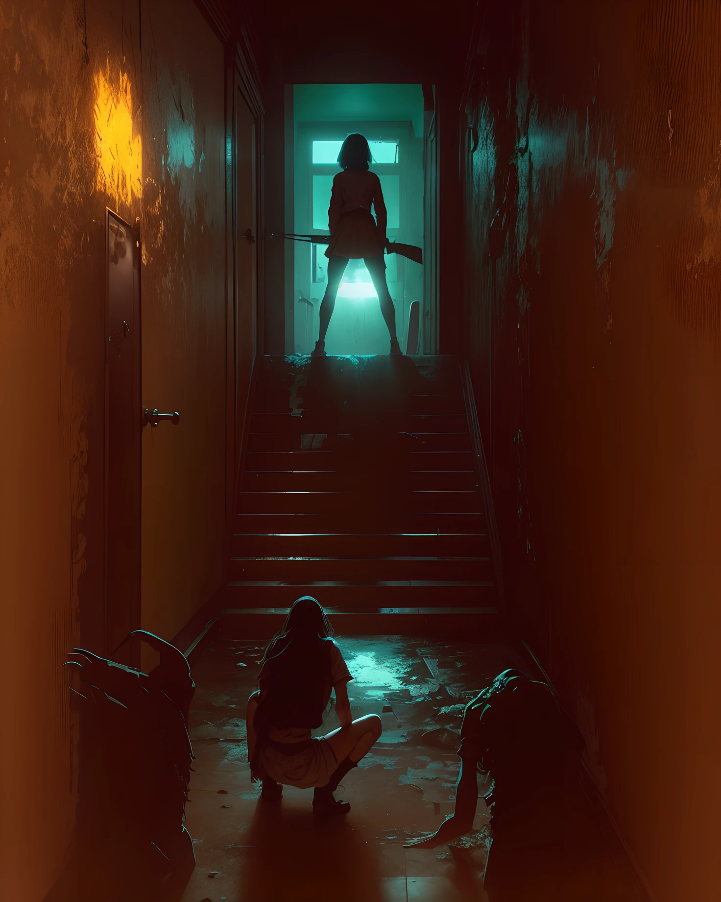 Girl coming down a corridor where there are monsters, garota, monstros, colorido , sun sunset , sombra corretor, darkeness