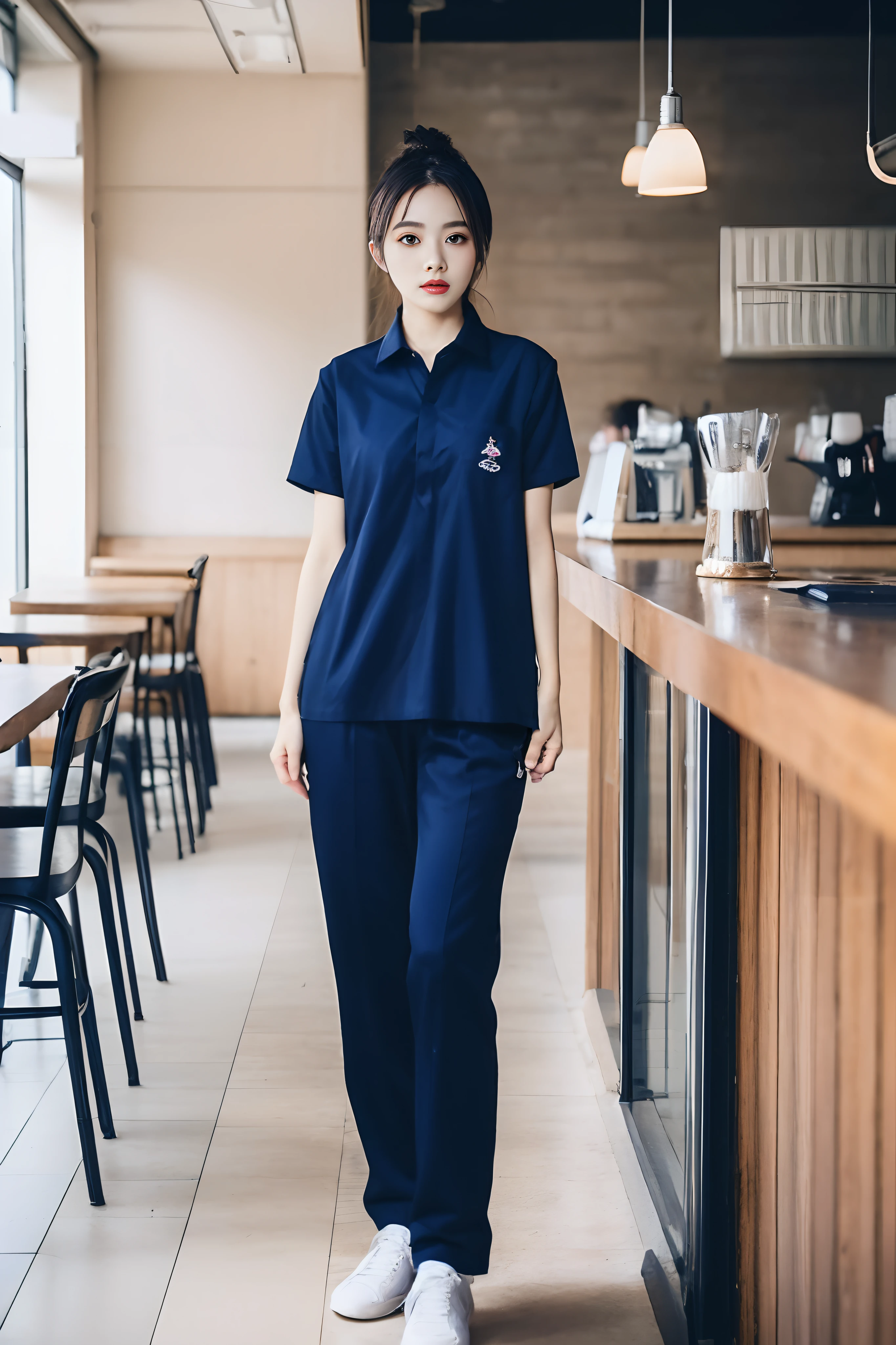 masterpiece, best quality, ultra realistic, hyper-detailed, 8k resolution, RAW photo, sharp focus, (2 girl in coffee shop), ((navy shirt:1.1)), short sleeves, long trackpant,full body pose, perfect body, 2 mature female, 18yo, cinematic light,white shoes