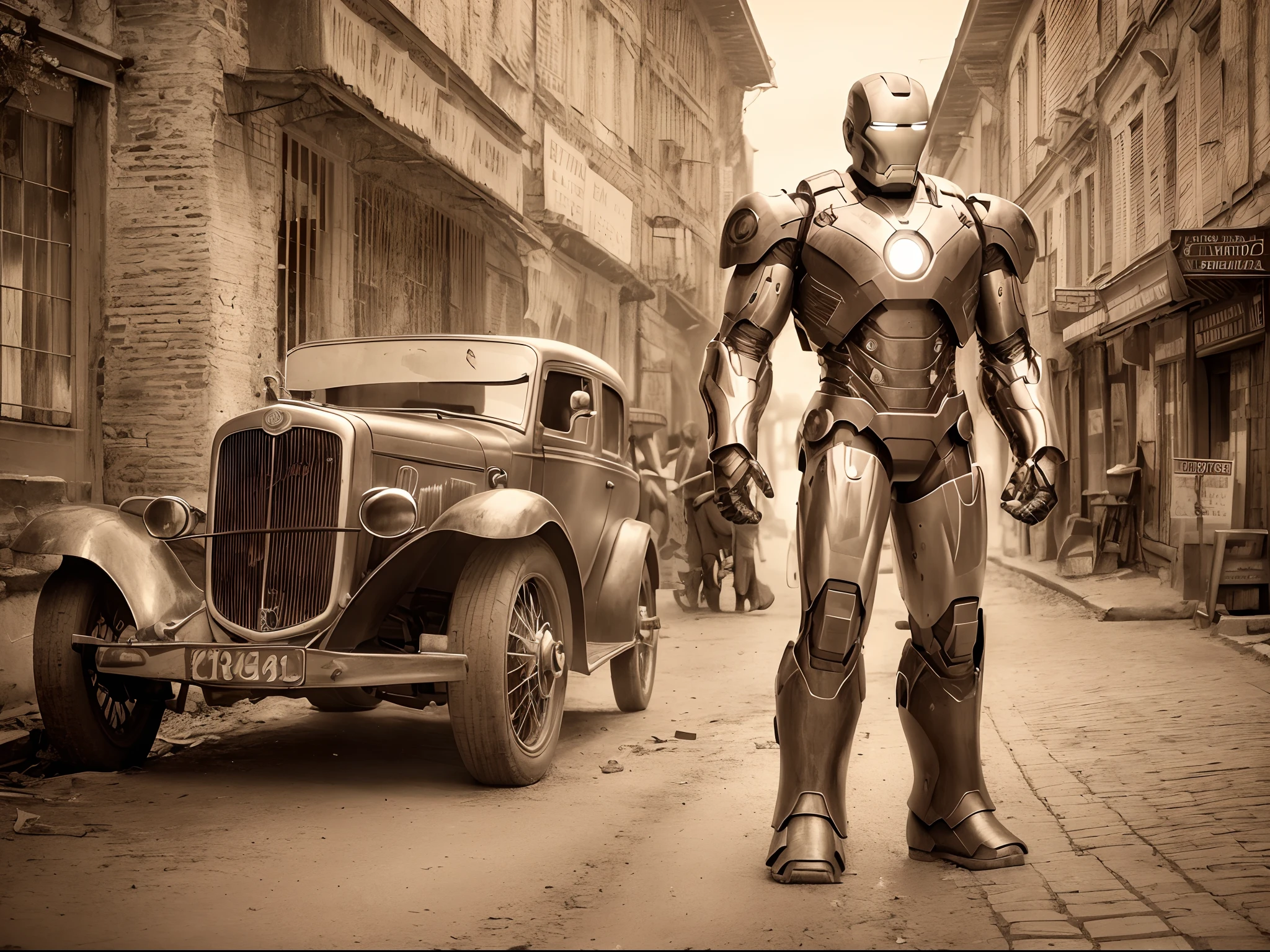 (best quality,4k,8k,highres,masterpiece:1.2), (classical), (Historical photo), (Sepia tone), (noise), ultra-detailed, realistic:1.37, full body shot, Iron Man In the middle of town in 1924, old-fashioned, ancient atmosphere, vintage color tone, soft lighting, grainy texture, black and white, sepia effect, antique film style