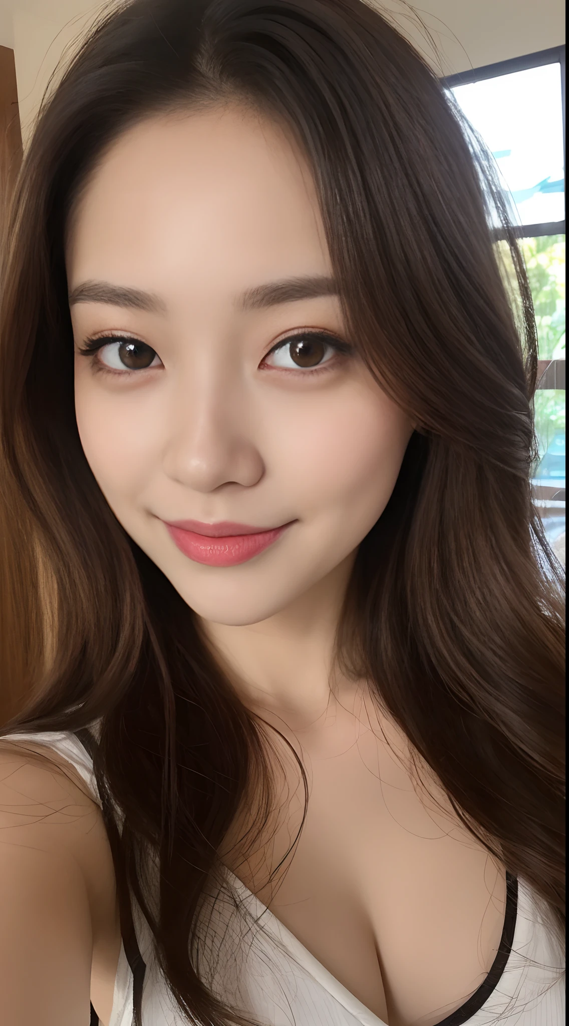 ((Midnight, Best Quality, 8K, Realistic)), Perfect body beauty: 1.4, Slender abs: 1.2, ((Long dark brown hair, Medium Breasts: 1.2)), (Tight pajama: 1.1, Sitting: 1.2), (Indoor, Bed, Bed background, Night lighting, Soft dark lighting: 1.1), Highly detailed face and skin texture, detailed eyes, double eyelids, seductive smile, half body camera view, selfie camera view, (Face looking at the camera, Holding the camera: 1.1, Selfie: 1.2)