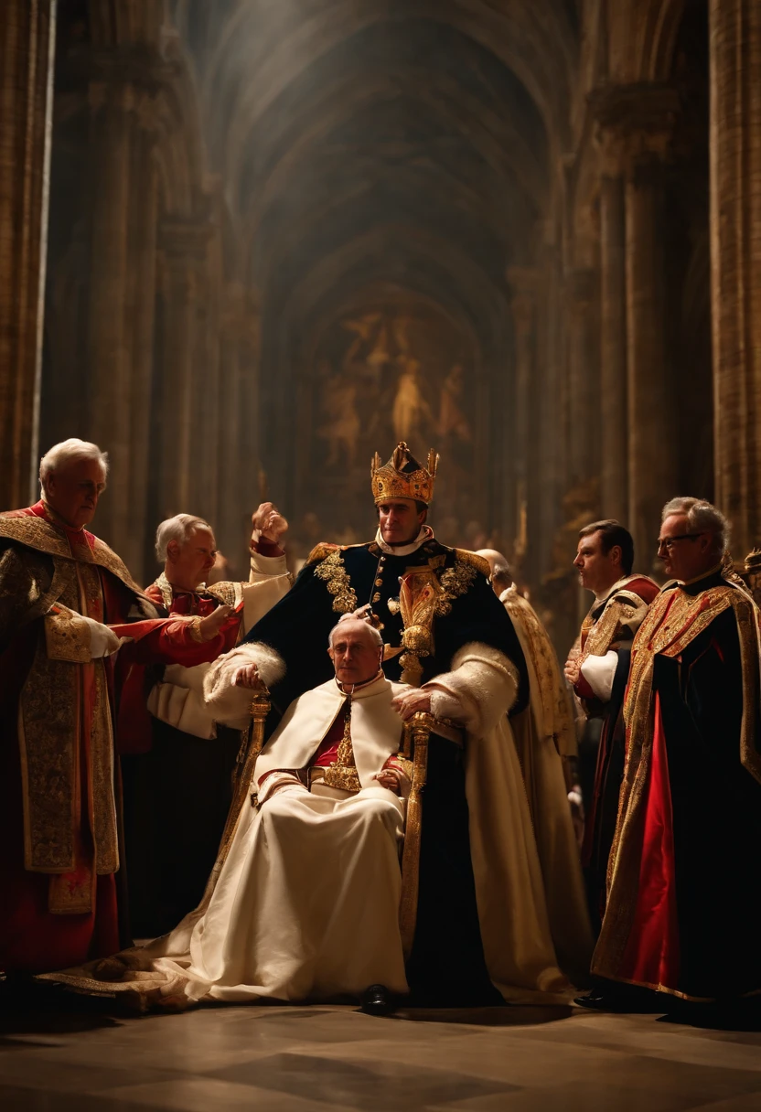Napoleon Bonaparte taking the crown from the hands of Pope Pius VII ,na catedral de Notre-Dame, Dark smoke setting
