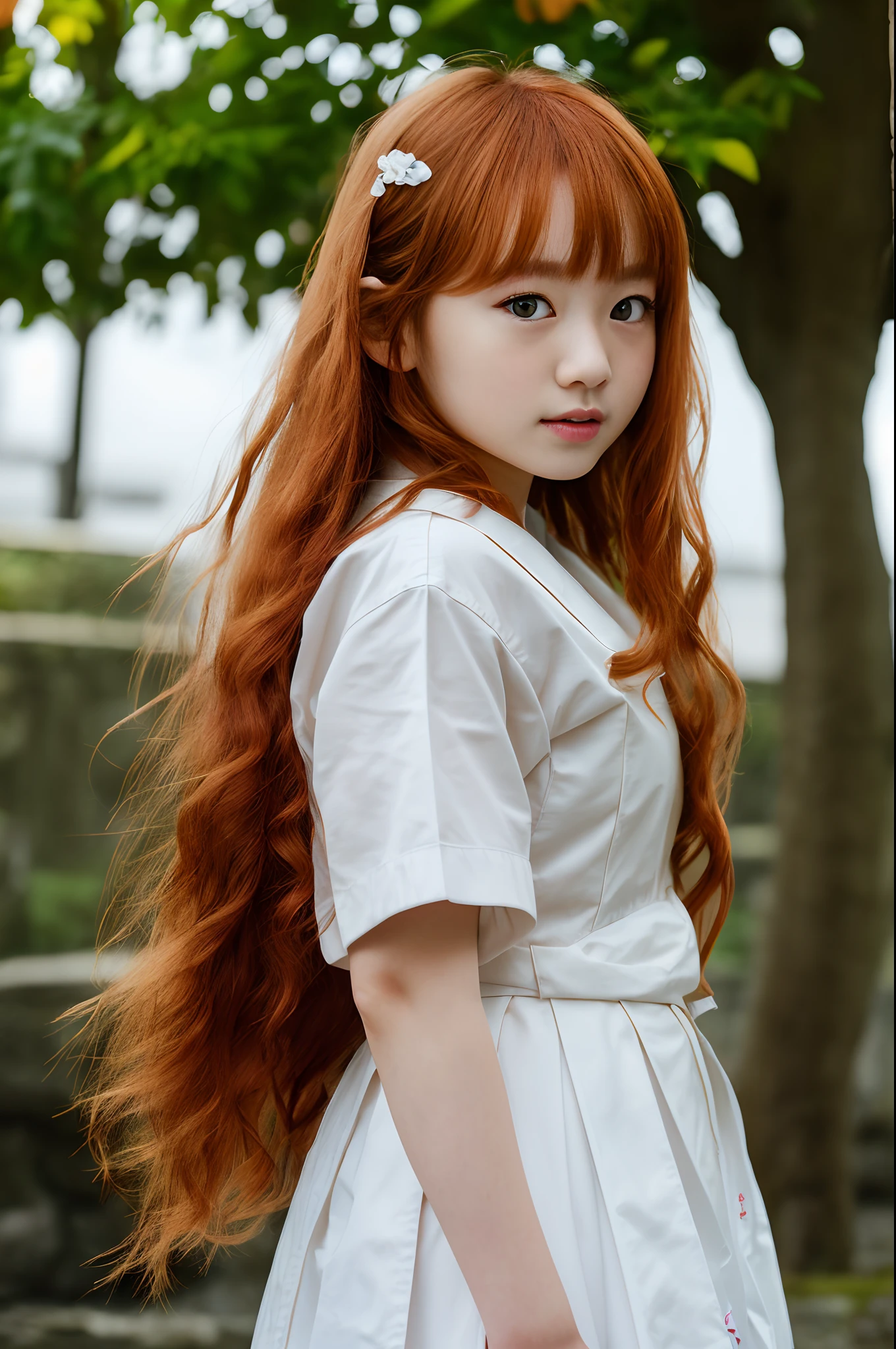 best quality,masterpiece,ultra high res, (photorealistic:1.3) ,8K,raw photo,film grain,movie,detailed background, ((blurry background)) , photograph, Motion blur, 80mm, Beautifully Lit, Gel lighting, L USM, (1girl,kawaii,cute girl,Japanese high school girl,17 years old,famous japanese idol,nude:1.2) , Siege engineer, Verdant Ginger hair, Grim,
