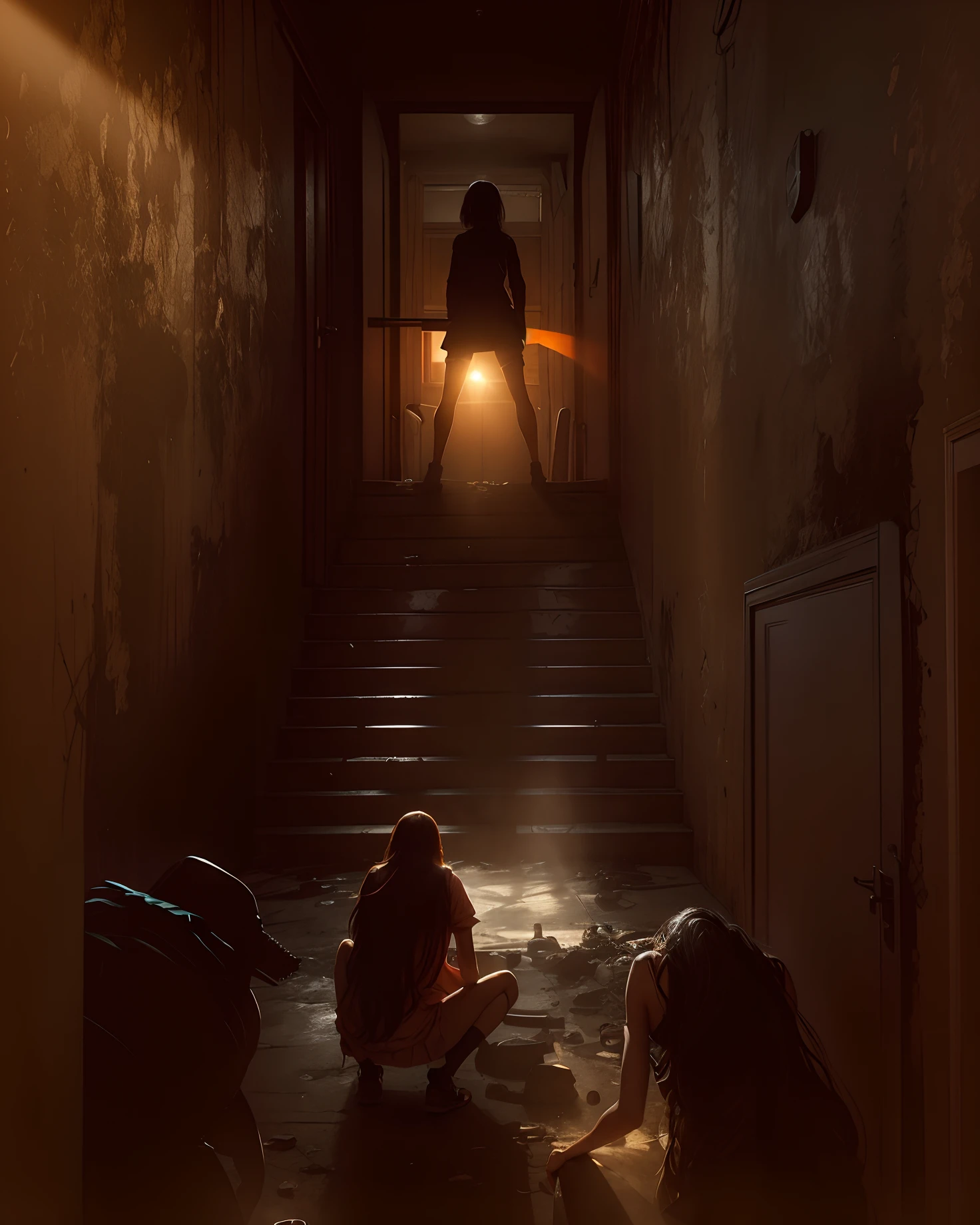 Girl coming down a corridor where there are monsters, garota, monstros, colorido , sun sunset , sombra corretor, darkeness