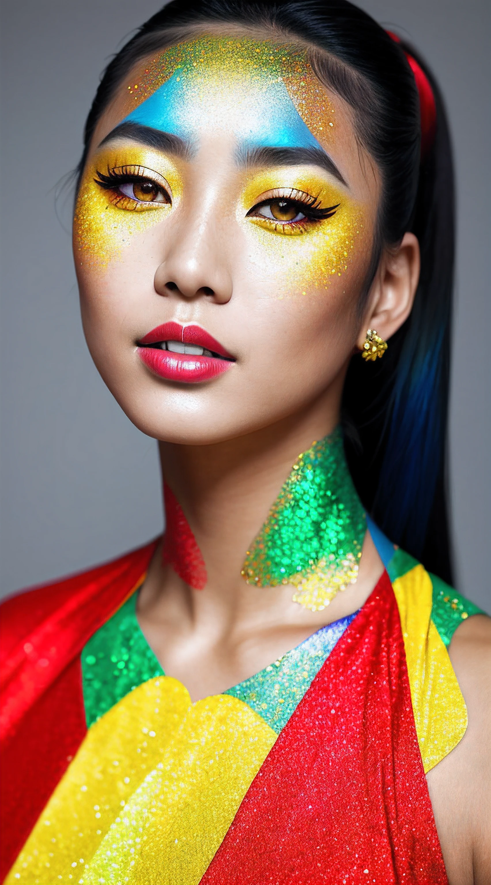 beautiful asian lady, freckles, brilliant glitter makeup, (red and blue and yellow and green and vitiligo skin: 1.5), perfect sexy breasts, hyperdetailed photography, soft light, head and body portrait, cover,, best quality, (detailed beautiful face, detail skin texture, ultra-detailed body:1.1)