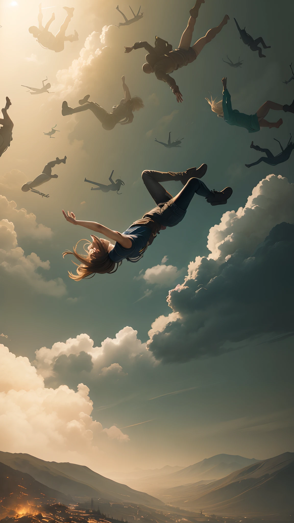 Poster style of The 100 series with people falling from the sky, The 100, people falling into the sky, Horizonte bonito