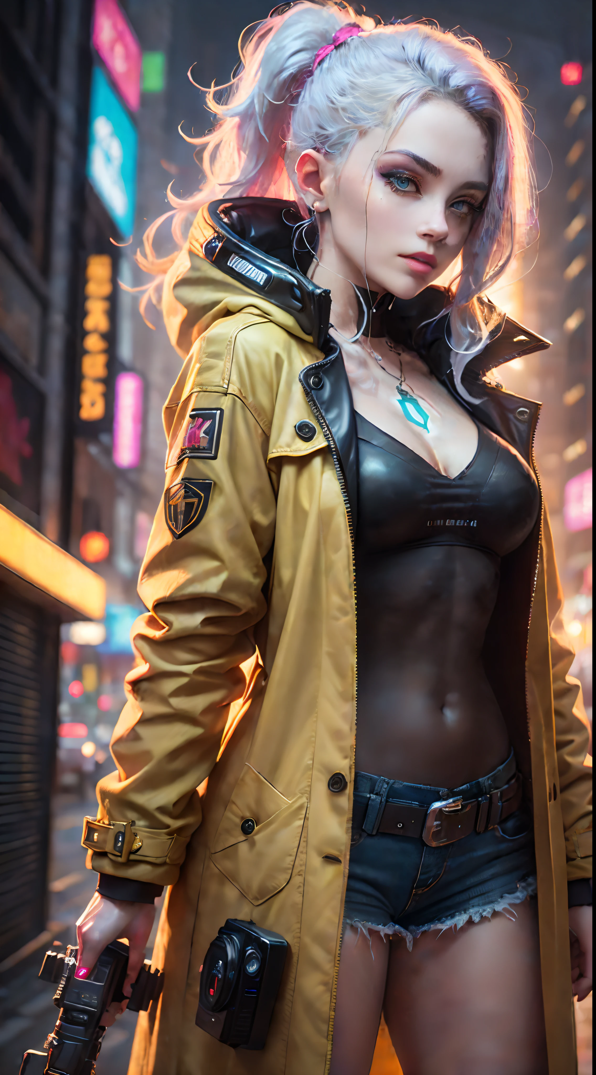 1 girl in a yellow trench coat，Cyberpunk 2077，Extreme light and shadow，Aurora chase，extremelycomplicateddetails，Extremely strong reflected light，Extreme ambient light，the city that never sleeps，Analog cameras，rendering by octane，8K，CGSociety trends，Extremely complex and delicate eye structure，facing at the camera，neon light detail，globalillumination，Super delicate facial features，Cold，Equipped with an extremely refined Super Cyberpunk 2077 laser gun，Very detailed pupil structure，Look back at the full body close-up。Neon scene at night，Long neon hair，（Wears a long yellow trench coat🧥:1.3）（Perfect body 1.1）（Perfect ratio 1.1）Super realistic