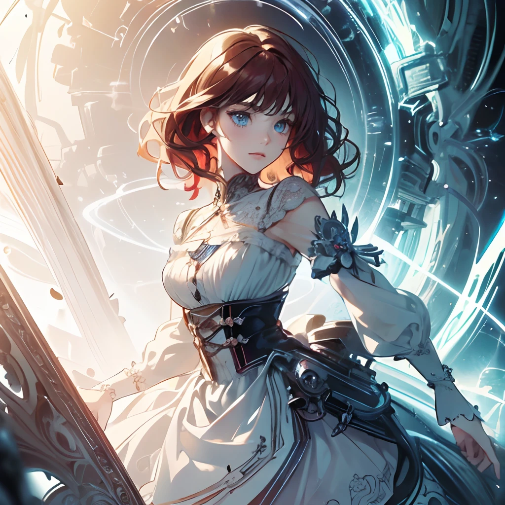 (masterpiece), (ultra detailed), (CG illustration), dynamic angle, cowboy shot, reflection in a mirror,1 girl, highly detailed beautiful face and blue eyes, red short hair, wavy hair, wearing a beautiful detailed white dress, and black shoes, abstract background with various colors, Sabantha, Russ Mills, Jeremy Mann, Yossi Kotler