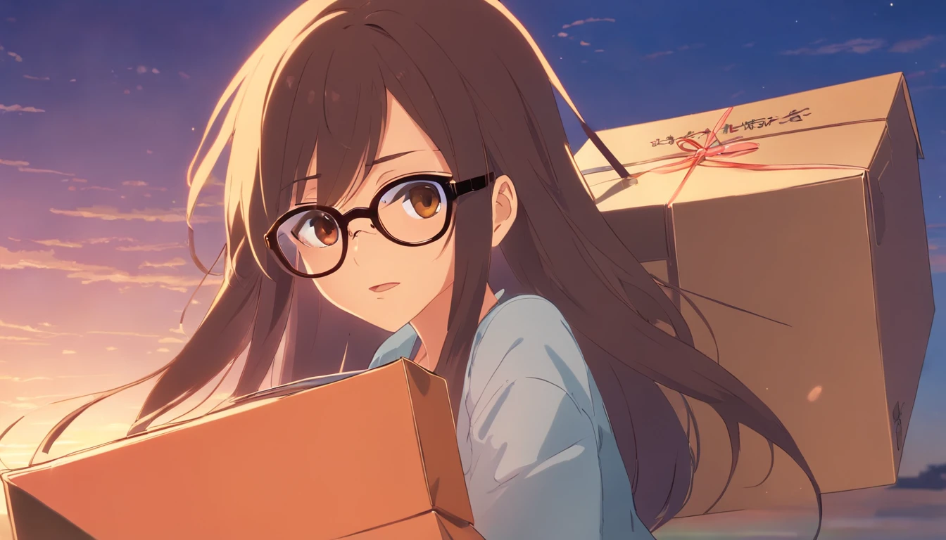a black, long hair girl with brown eyes whit sunglasses that open a surprise box