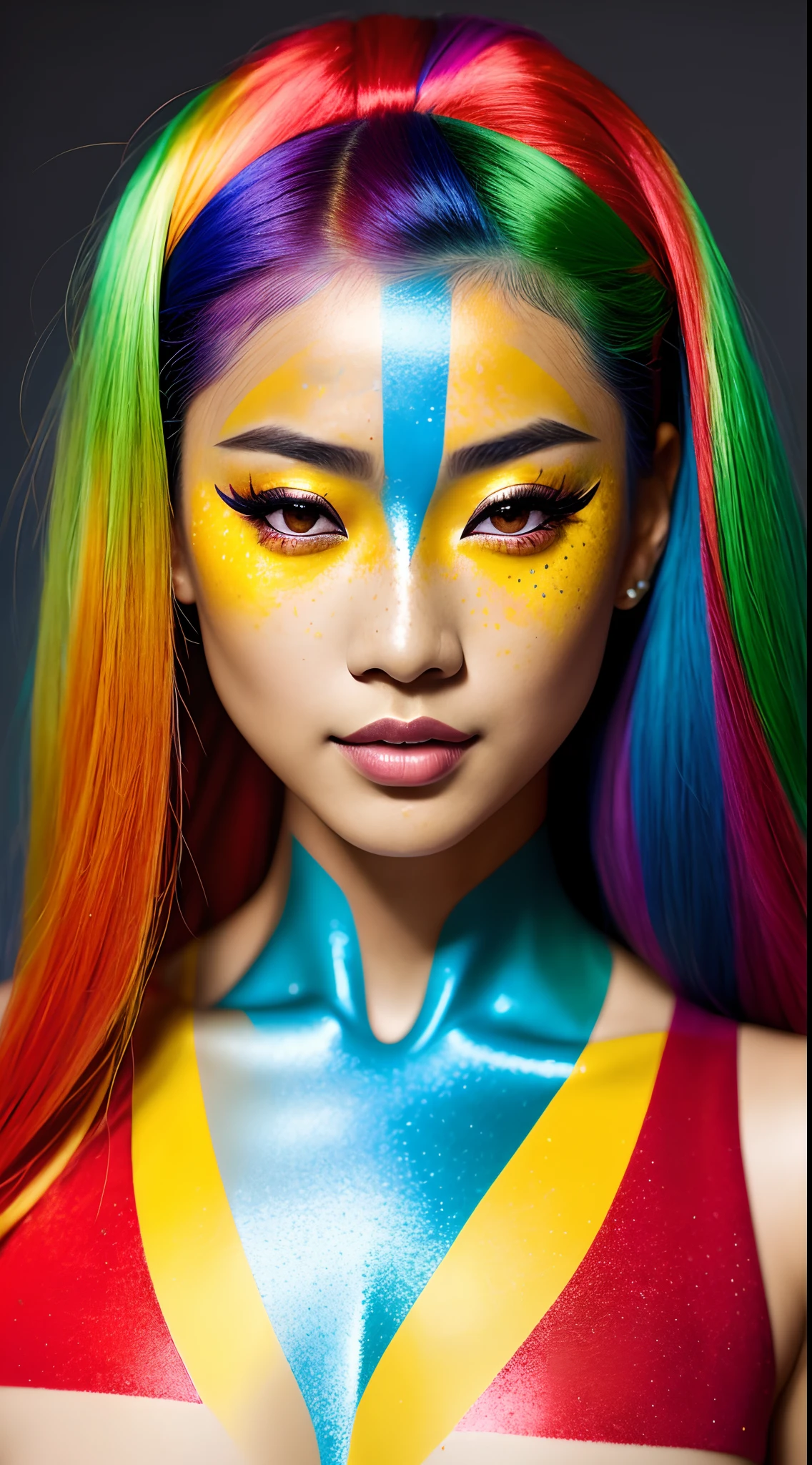 beautiful asian lady, freckles, brilliant glitter makeup, full body, (red and blue and yellow and green and vitiligo skin: 1.5), perfect sexy breasts, hyperdetailed photography, soft light, head and body portrait, cover,, best quality, (detailed beautiful face, detail skin texture, ultra-detailed body:1.1)