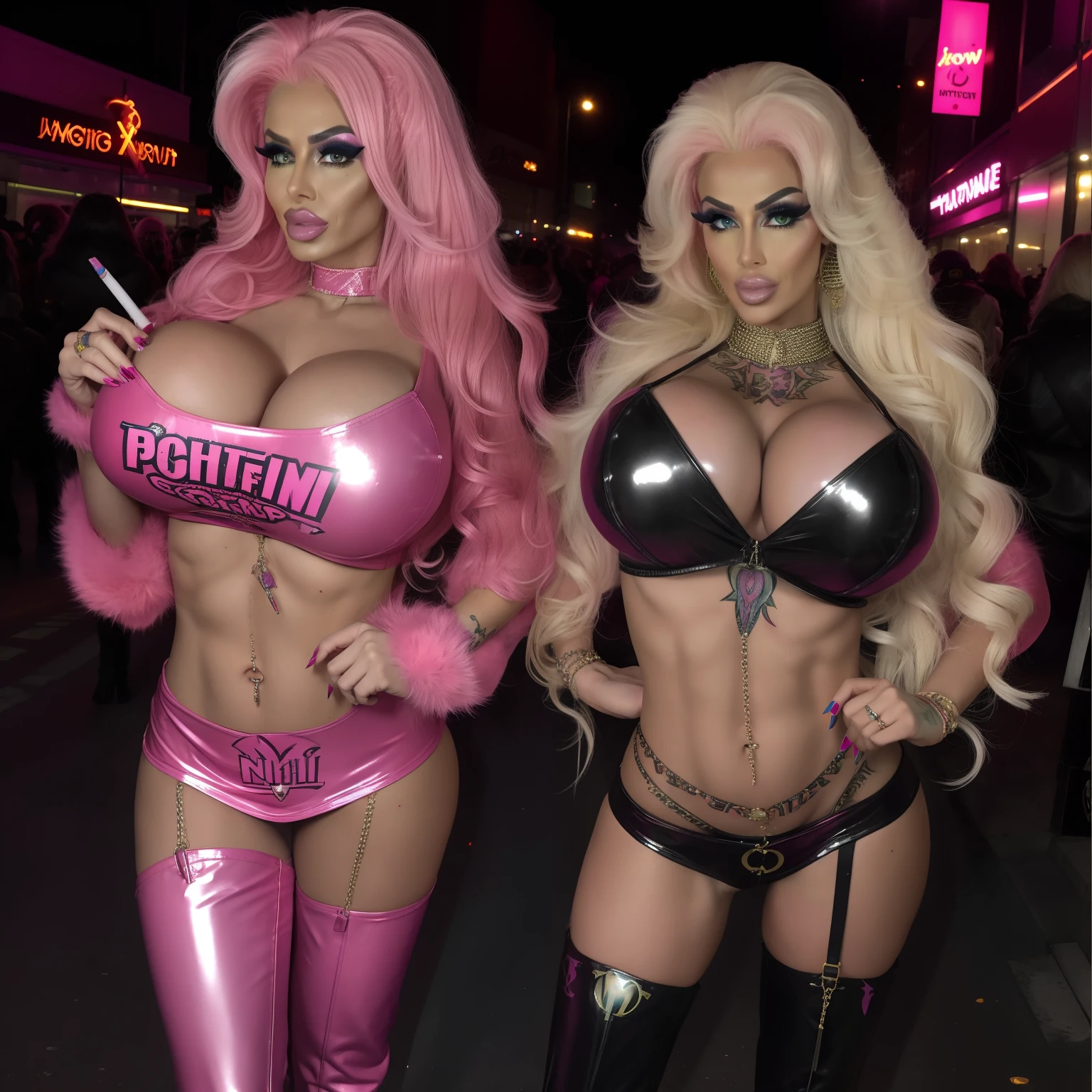 Bimbos, milfs, psytrance, rave, truckstop hookers, drag queen, trannies, shemales, strippers, several, huge fake lips, huge fake breasts, fake booty, very skinny, hair extensions, very long hair, rainbow colored hair, dark fake tan, Louis Vuitton bag, latex thigh high boots, tattoos, tube top, pink skirt, slutty outfit, midriff, bellybutton piercing, long fingernails, drawn on eyebrows, false long eyelashes, holding cigarette, lipgloss, fur, standing, busy street, Oxford street, night, full body view, face detail, high quality, bystanders, uncropped