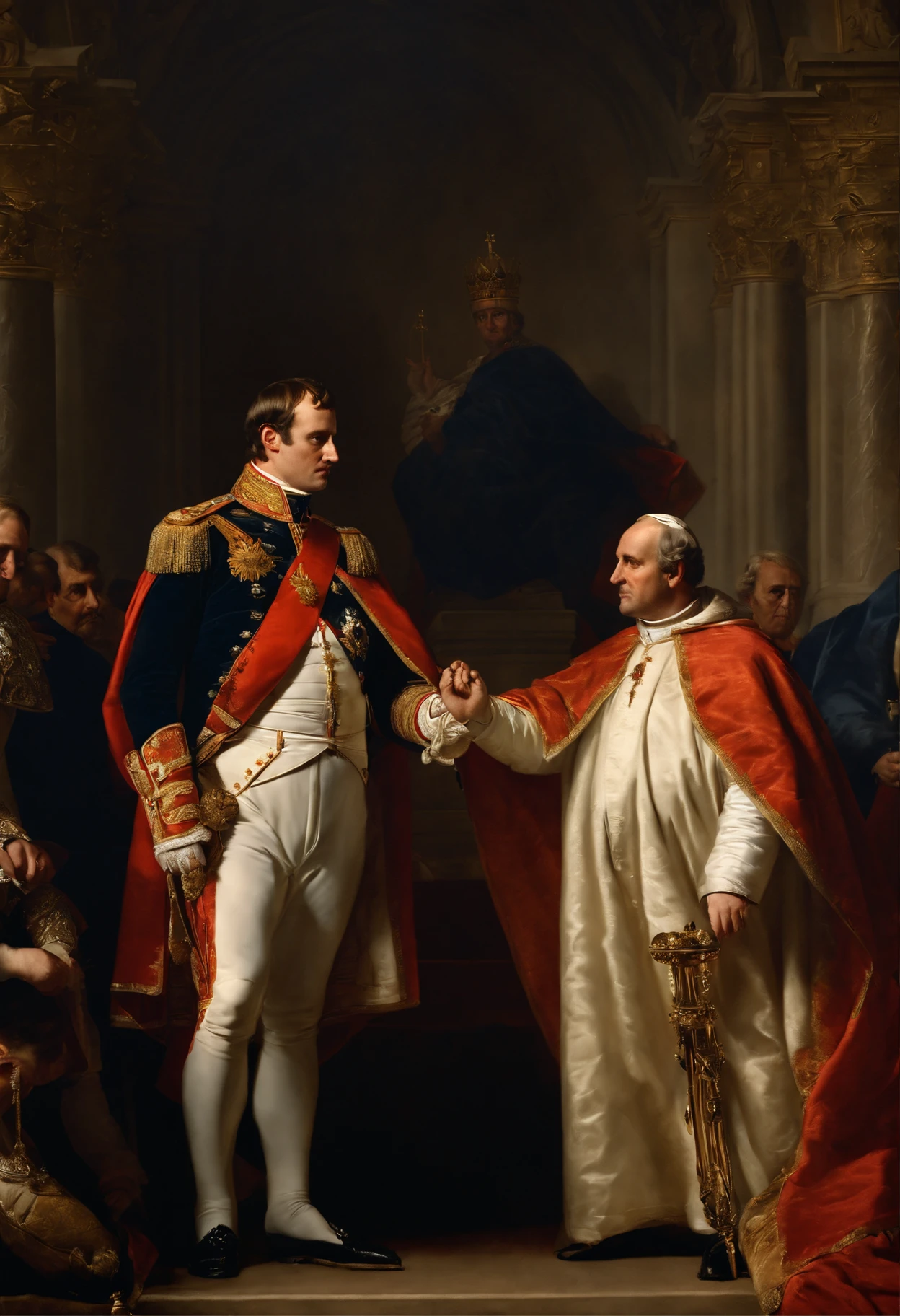 Napoleon Bonaparte taking the crown from the hands of Pope Pius VII ,na catedral de Notre-Dame, Dark smoke setting