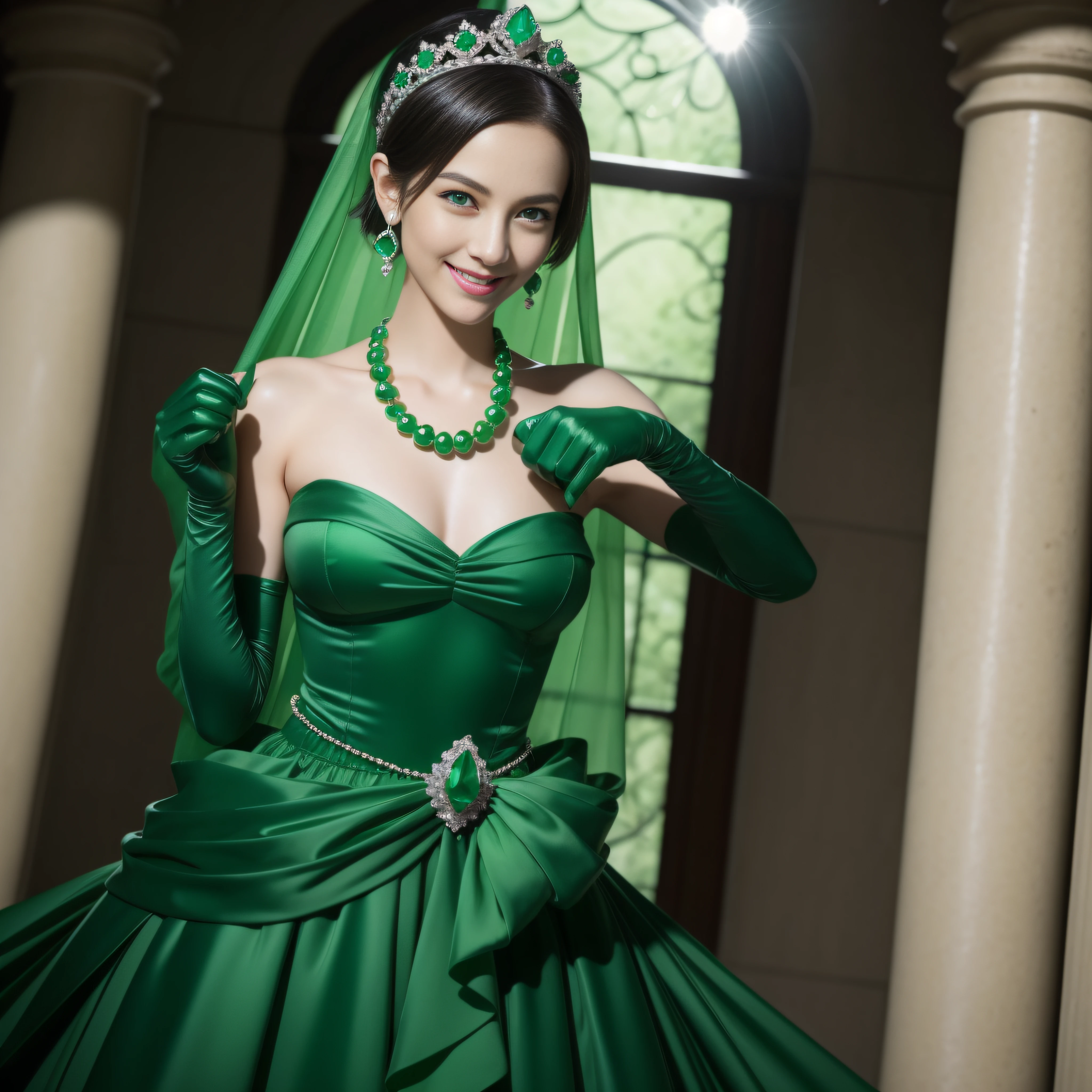 emerald tiara, Green Pearl Necklace, Boyish very short green hair, lipsticks, Japan woman smiling, very short short hair, fist, big breasts beautiful, Green eyes, Long green gloves made of satin material, Green eyes, Emerald Earrings