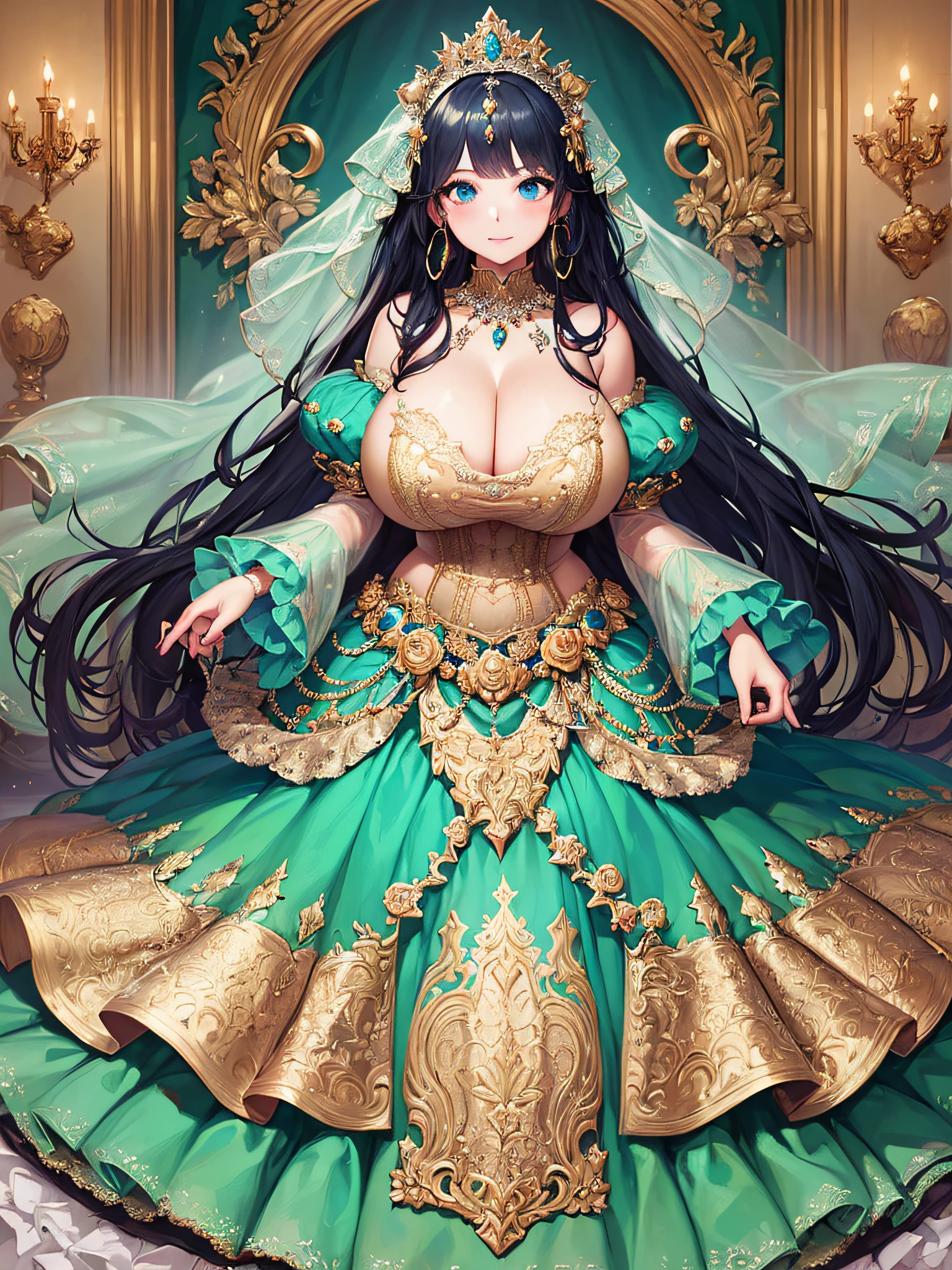 (masterpiece, best quality,extremely detailed:1.1),(moe anime art style:1.3),1 girl,((full body portrait)),standing in palace of versailles,((solo)),cute,kawaii,digital art,(((1 princess in gorgeous princess rococo ballgown with voluminous full length hoop skirt))),((crinoline)),long train,((beautiful embroidery and jeweled)),voluminous frills,See-through,(gorgeous embroidery and beautiful lace),(((gigantic tits,skindentation,cleavage))),((large amount of straight hair,extremely voluminous Hair,Very Long Straight Hair)),((finely detailed face and eyes)),clear pupil,extremely gorgeousfull hair ornament,(bling-bling jeweled extremely gorgeousfull tiara),(bling-bling gorgeous gemstone jewelry),long veil,(beautiful background),full body,((gorgeous princess rococo ballgown with voluminous full length hoop skirt))