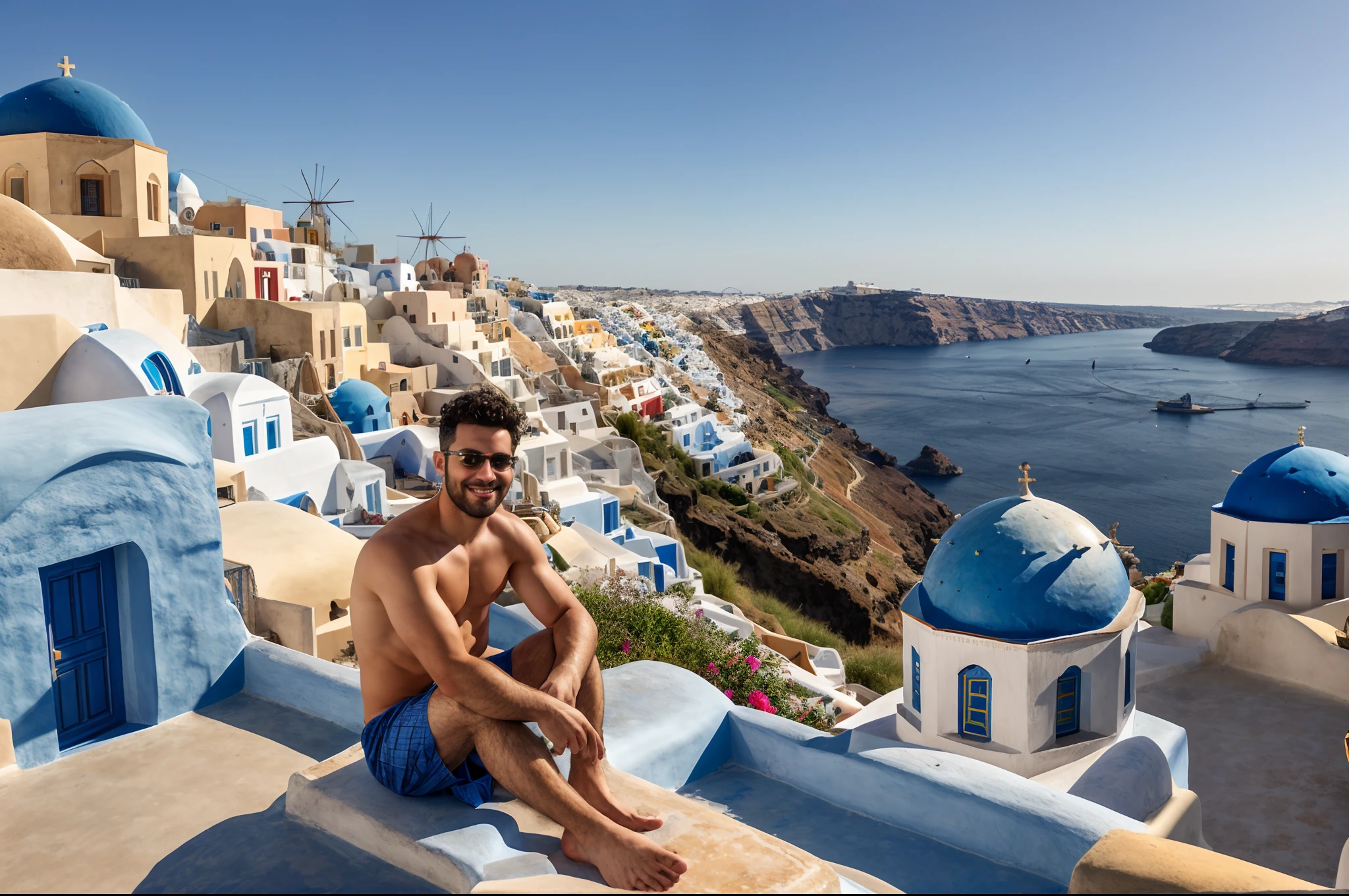 european man sitting on a ledge overlooking a blue domed city, on the island of santorini, santorini, greece, giuseppe, photo taken in 2 0 2 0, andrew thomas huang, full body photogenic shot, rafael, vacation photo , david a, michael, usa-september 20, peter, young greek, city of pristine colors, rick dai