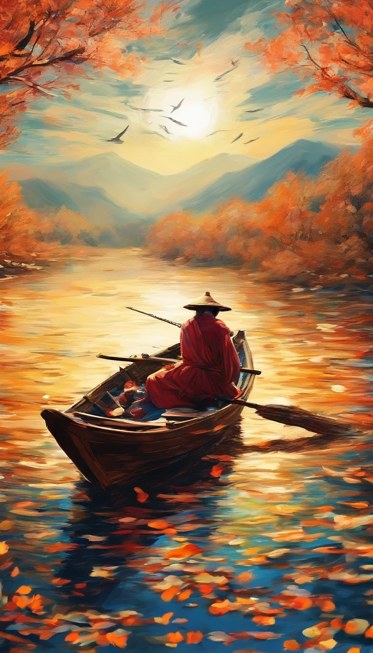 A thousand birds fly,Ten thousand paths disappeared。Lonely boats,Fishing alone in the cold river snow。 (【Translation】 You don't see a single bird in the mountains,The tracks of thousands of people were cut off。On the lonely boat is an old man in a cloak,Fishing alone against the wind and snow),(A small boat on the water),(An old man sits on a small boat fishing),Inspired by the creators:《Jiang Xue》Yanagi Zongyuan,Ray,(light and shadow effect),(vivd colour),(Color splattering),(Obvious layers),(Ink painting style:1.2),(Photography Award),(8k wallpaper),(Masterpiece),(best qualtiy),(There is a full moon in the night sky),(Moonlight spreads to the surface of the water),Autumn tones,There was a wind blowing,(Side lighting ),(cinema4d),(Movie lighting),(Depth of field effect),(Unreal 5),(tmasterpiece),(8K分辨率),photorealestic,realisticlying